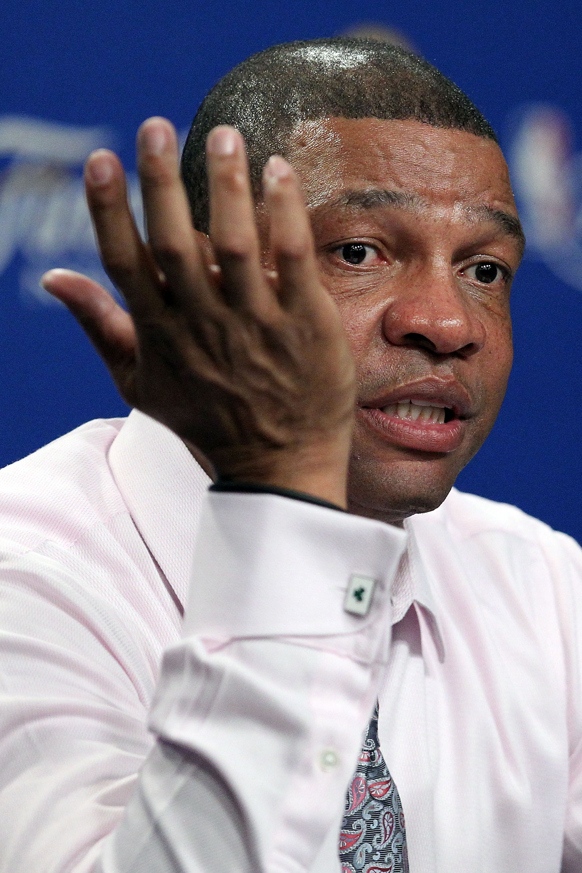 LOS ANGELES, CA - JUNE 17:  Head coach Doc Rivers of the Boston Celtics speaks during the post game news conference after losing to the Los Angeles Lakers 83-79 in Game Seven of the 2010 NBA Finals at Staples Center on June 17, 2010 in Los Angeles, Califo