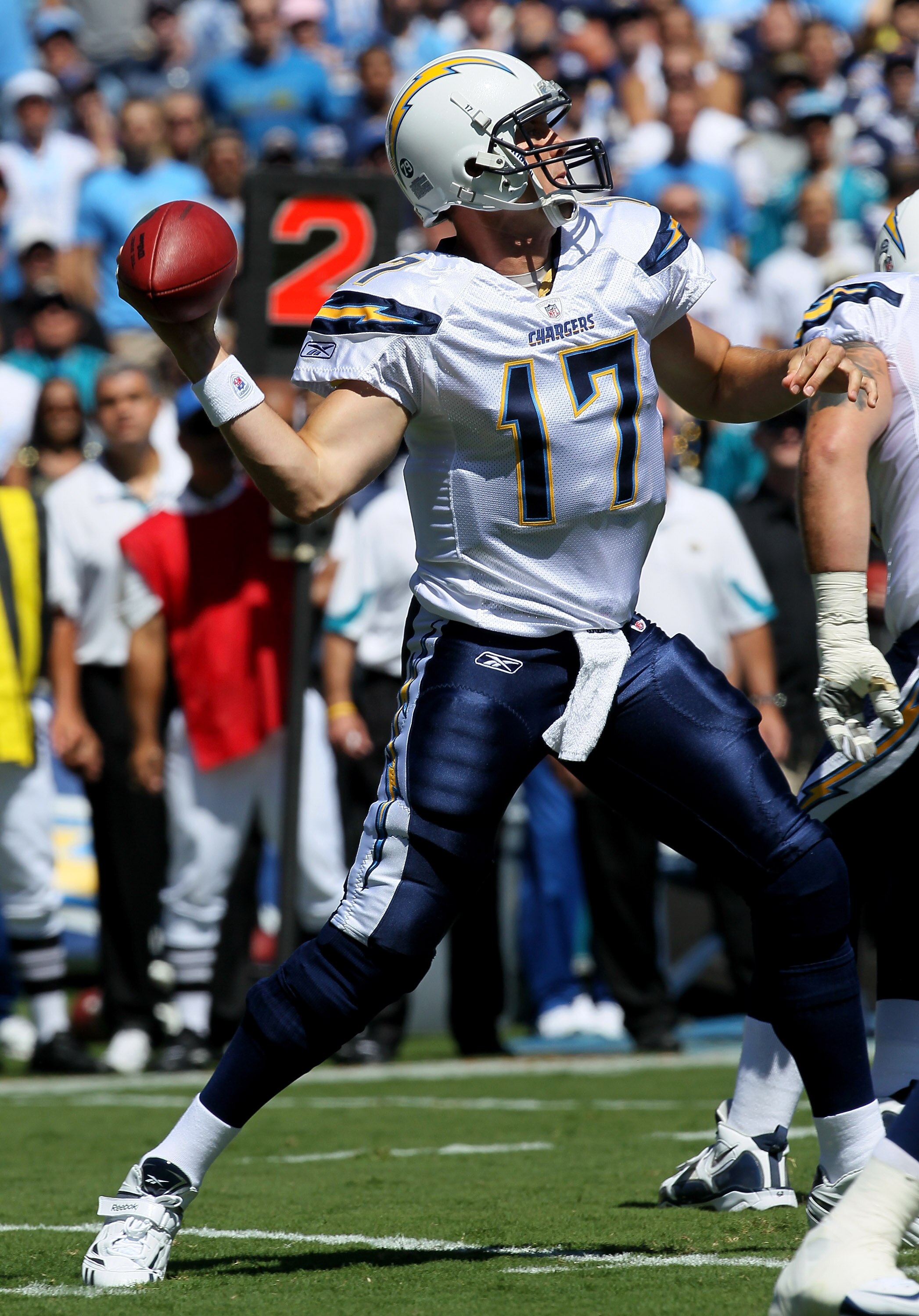 SAN DIEGO - SEPTEMBER 19:  Quarterback Philip Rivers #17 of the San Diego Chargers throws a pass against the Jacksonville Jaguars at Qualcomm Stadium on September 19, 2010 in San Diego, California. The Chargers won 38-13.  (Photo by Stephen Dunn/Getty Ima
