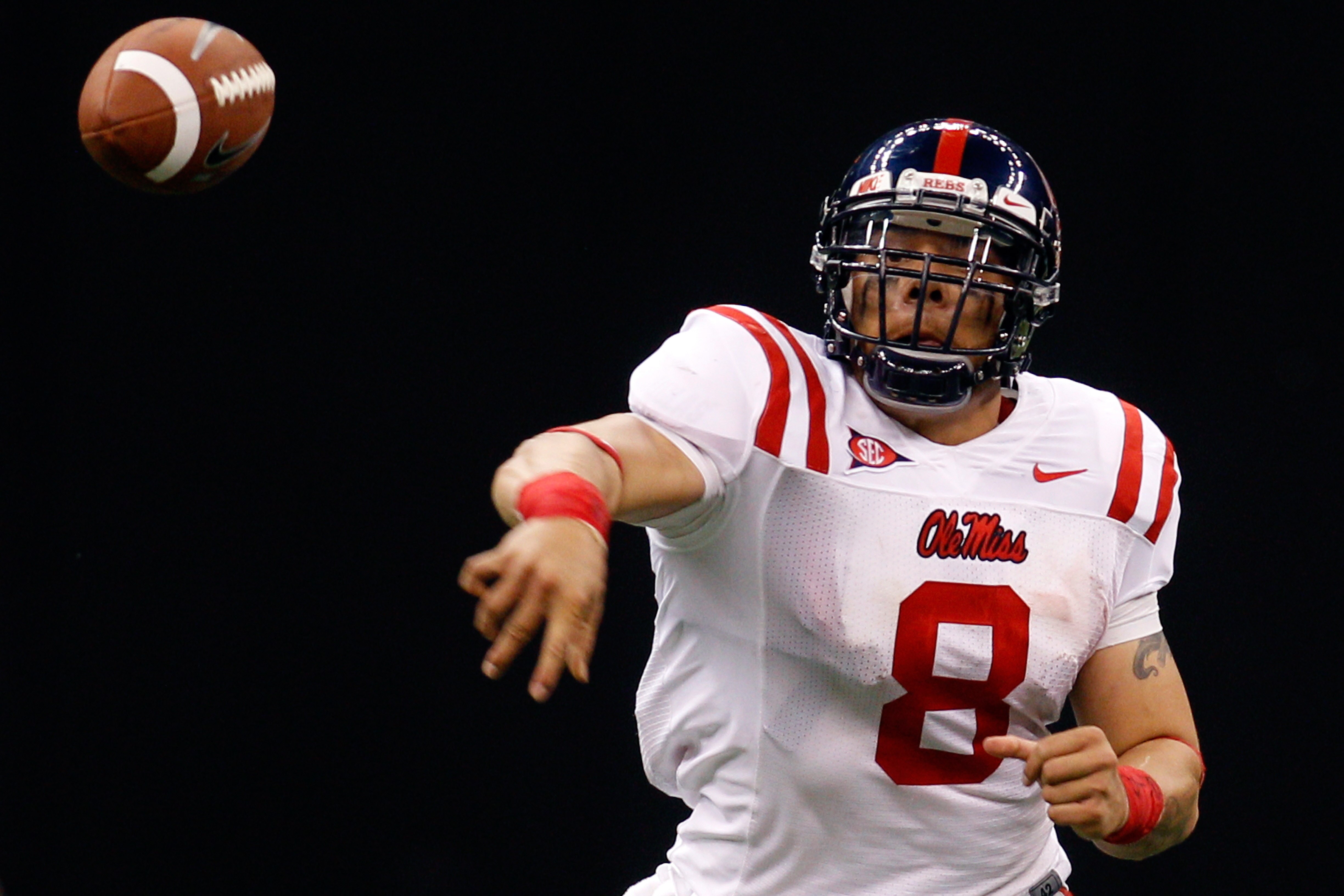 NEW ORLEANS - SEPTEMBER 11:  Jeremiah Masoli #8 of the Ole Miss Rebels throws a pass against the the Tulane Green Wave at the Louisiana Superdome on September 11, 2010 in New Orleans, Louisiana.  Ole Miss defeated Tulane 27-13.   (Photo by Chris Graythen/