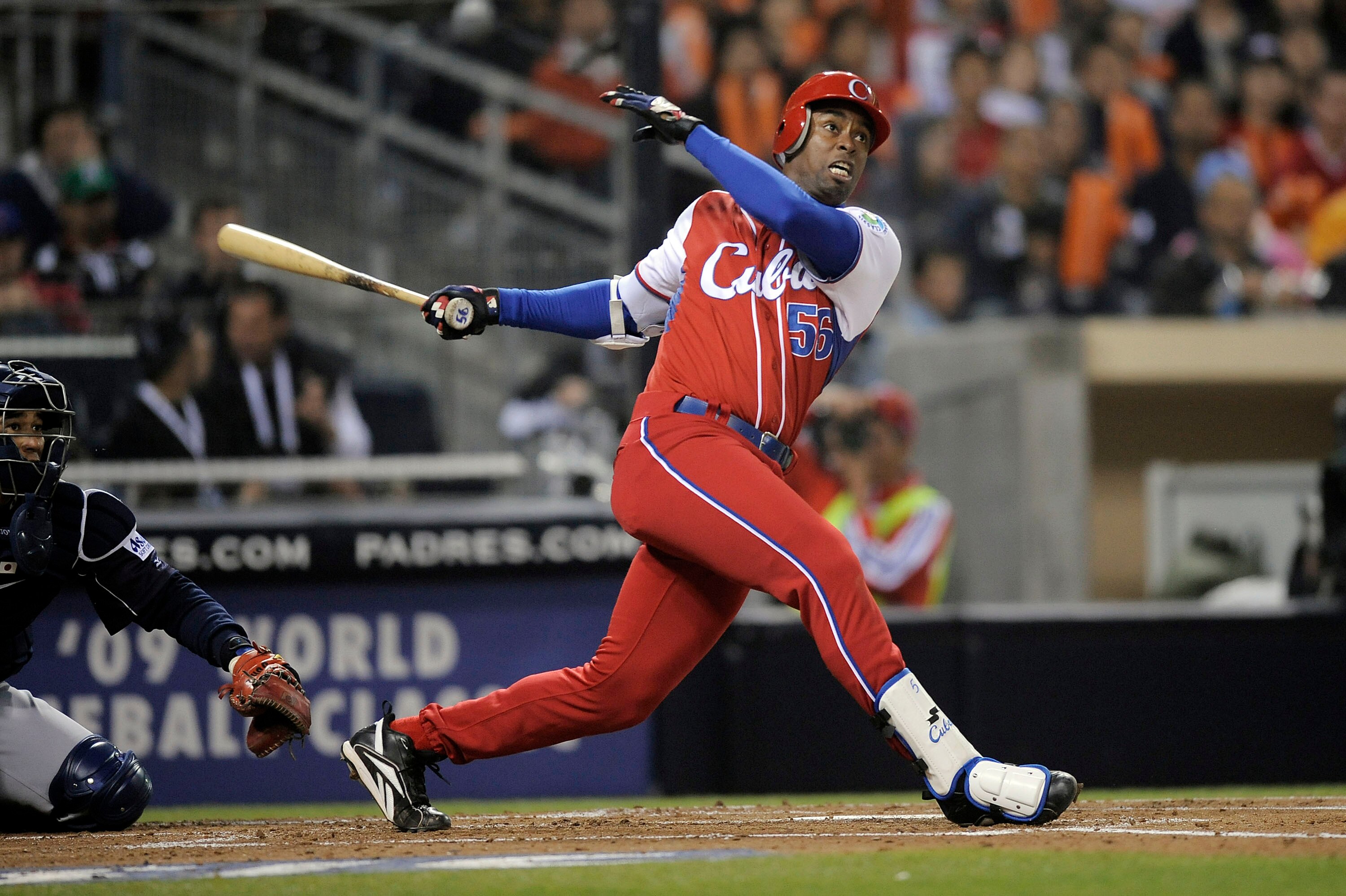 SAN DIEGO - MARCH 18: Leslie Anderson #56 of Cuba connects on a pitch against Japan during the 2009 World Baseball Classic Round 2 Pool 1 Game 5 on March 18, 2009 at Petco Park in San Diego, California.  (Photo by Kevork Djansezian/Getty Images)