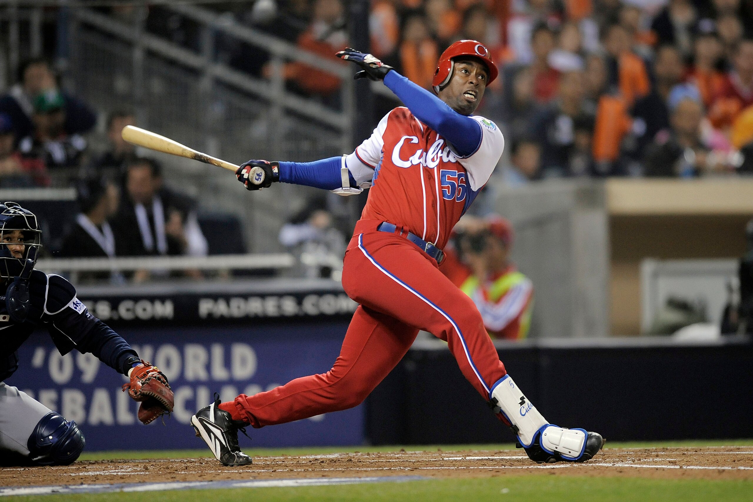 SAN DIEGO - MARCH 18: Leslie Anderson #56 of Cuba connects on a pitch against Japan during the 2009 World Baseball Classic Round 2 Pool 1 Game 5 on March 18, 2009 at Petco Park in San Diego, California.  (Photo by Kevork Djansezian/Getty Images)