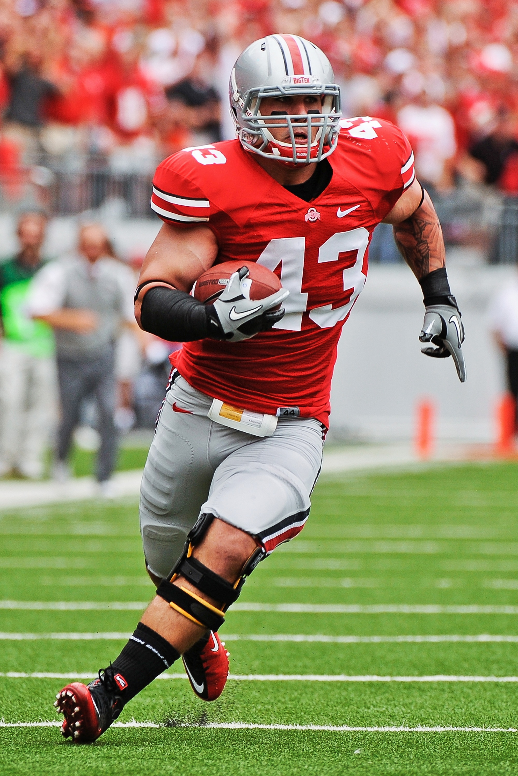 COLUMBUS, OH - SEPTEMBER 11:  Nathan Williams #43 of the Ohio State Buckeyes returns an interception  against the Miami Hurricanes at Ohio Stadium on September 11, 2010 in Columbus, Ohio.  (Photo by Jamie Sabau/Getty Images)