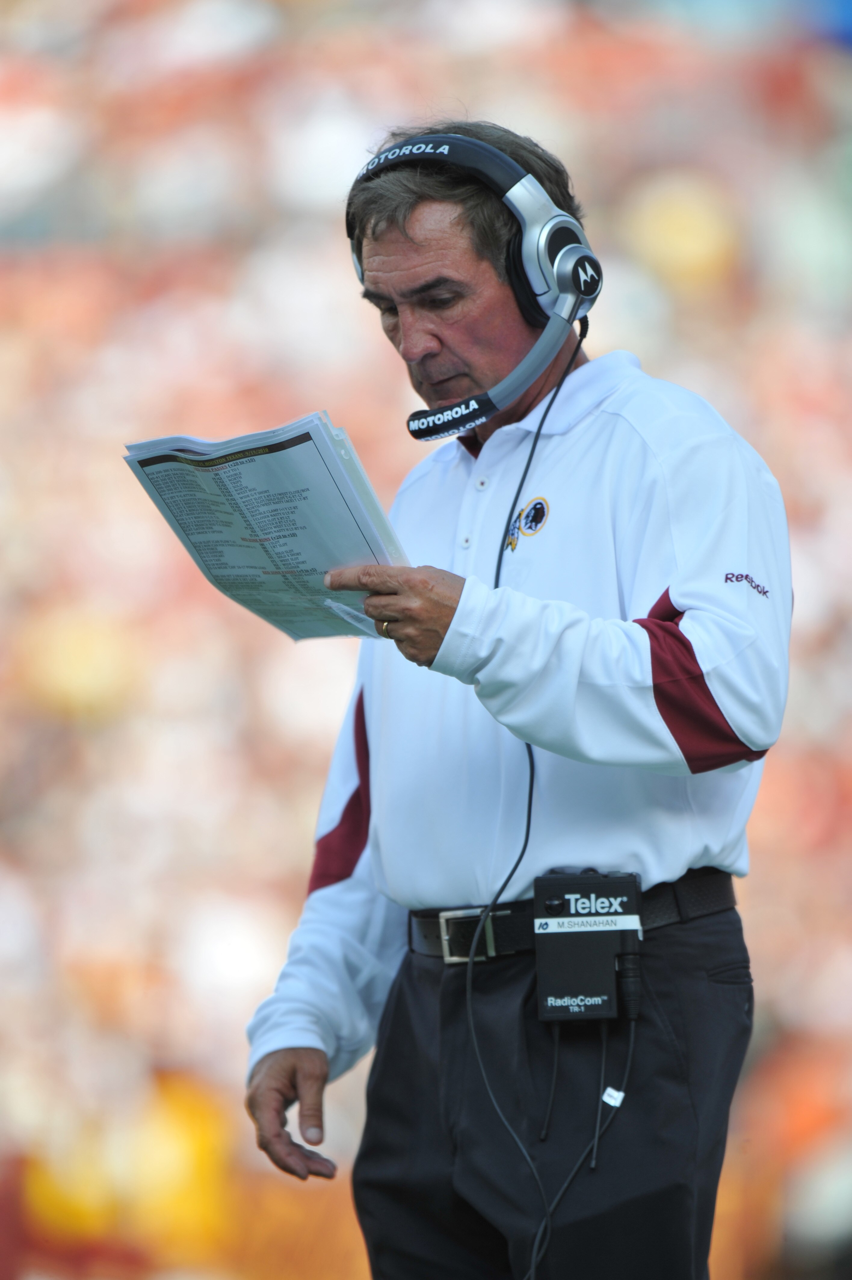 LANDOVER - SEPTEMBER 19:  Head coach Mike Shanahan of the Washington Redskins coaches against the Houston Texans at FedExField on September 19, 2010 in Landover, Maryland. The Texans defeated the Redskins in overtime 30-27. (Photo by Larry French/Getty Im