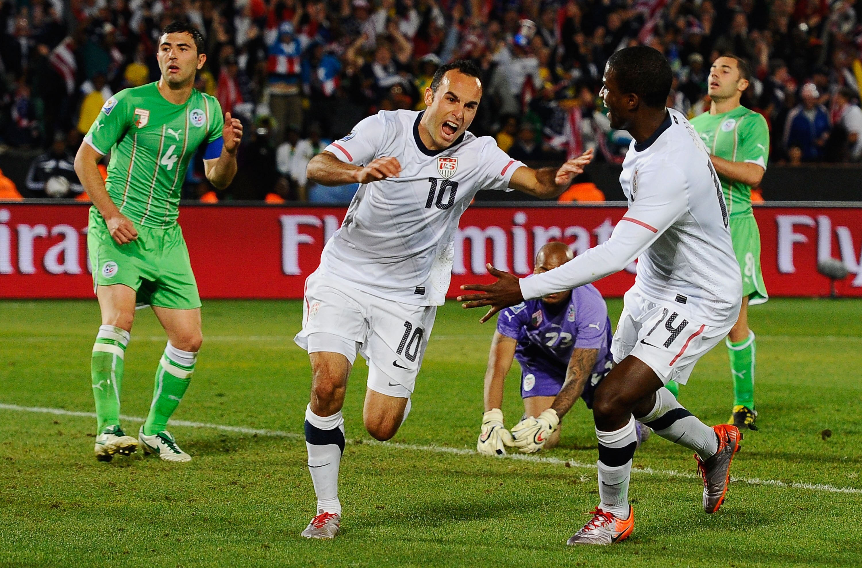 PRETORIA, SOUTH AFRICA - JUNE 23:  Landon Donovan of the United States celebrates scoring the winning goal that sends the USA through to the second round during the 2010 FIFA World Cup South Africa Group C match between USA and Algeria at the Loftus Versf