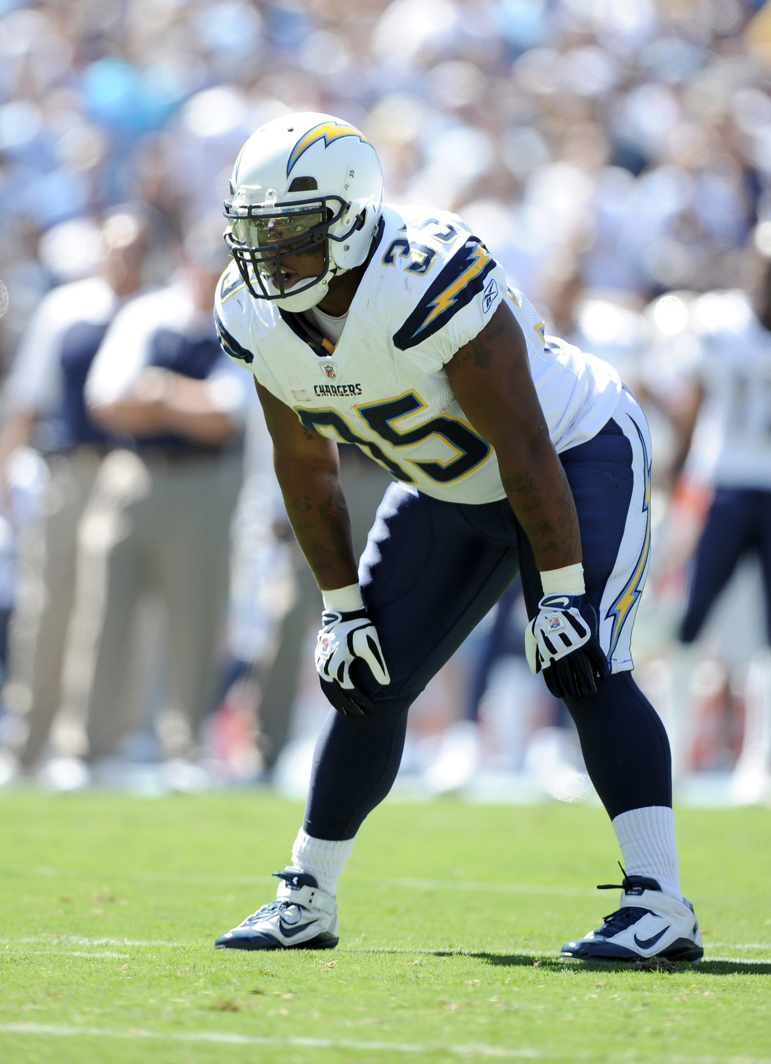 SAN DIEGO - SEPTEMBER 19:  Mike Tolbert #35 of the San Diego Chargers lines up against the Jacksonville Jaguars during the game at Qualcomm Stadium on September 19, 2010 in San Diego, California. The Chargers won 38-13.  (Photo by Harry How/Getty Images)