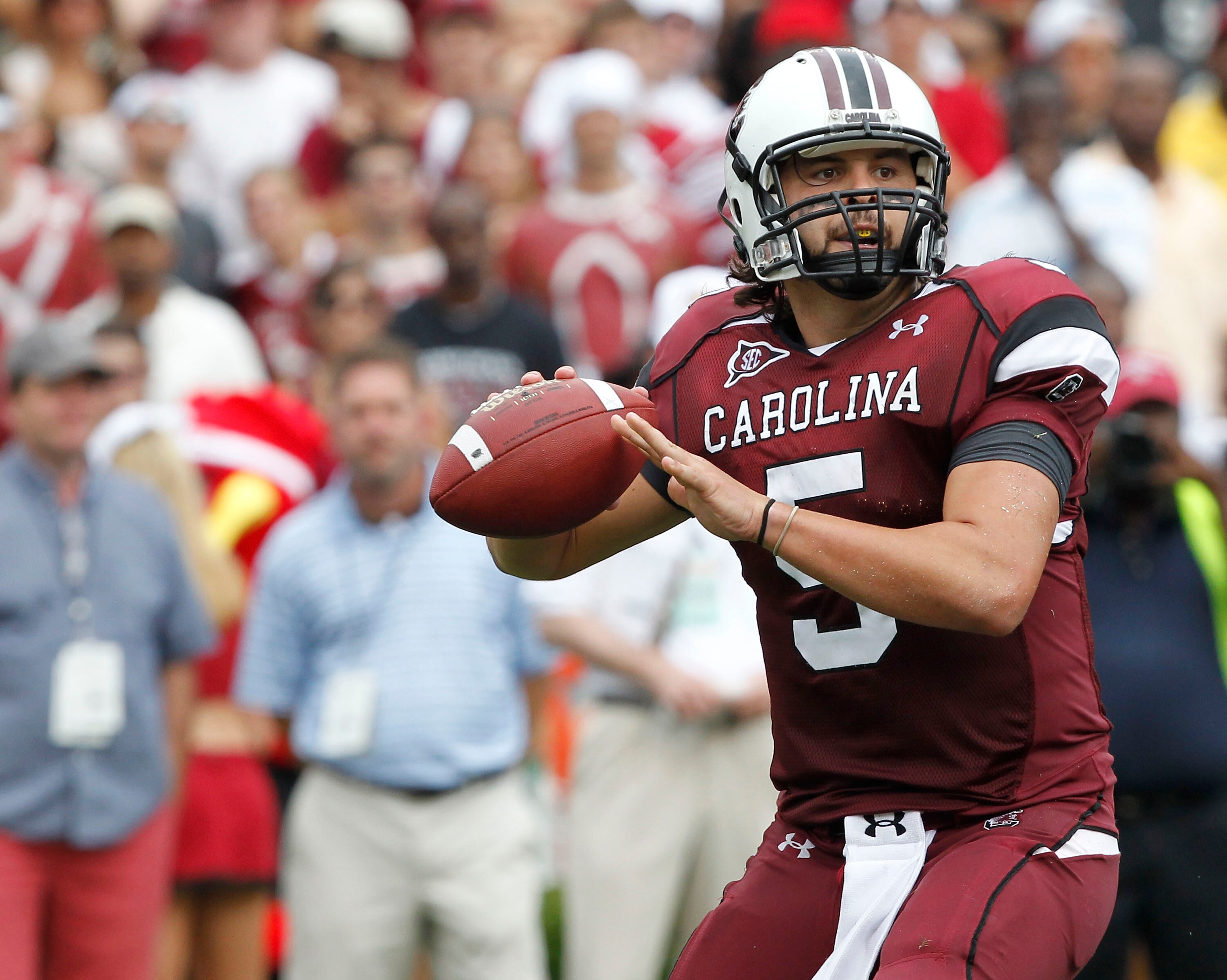 COLUMBIA, SC - SEPTEMBER 11:  Quarterback Steven Garcia #5 of the South Carolina Gamecocks looks to pass during the game against the Georgia Bulldogs at Williams-Brice Stadium on September 11, 2010 in Columbia, South Carolina.  The Gamecocks beat the Bull
