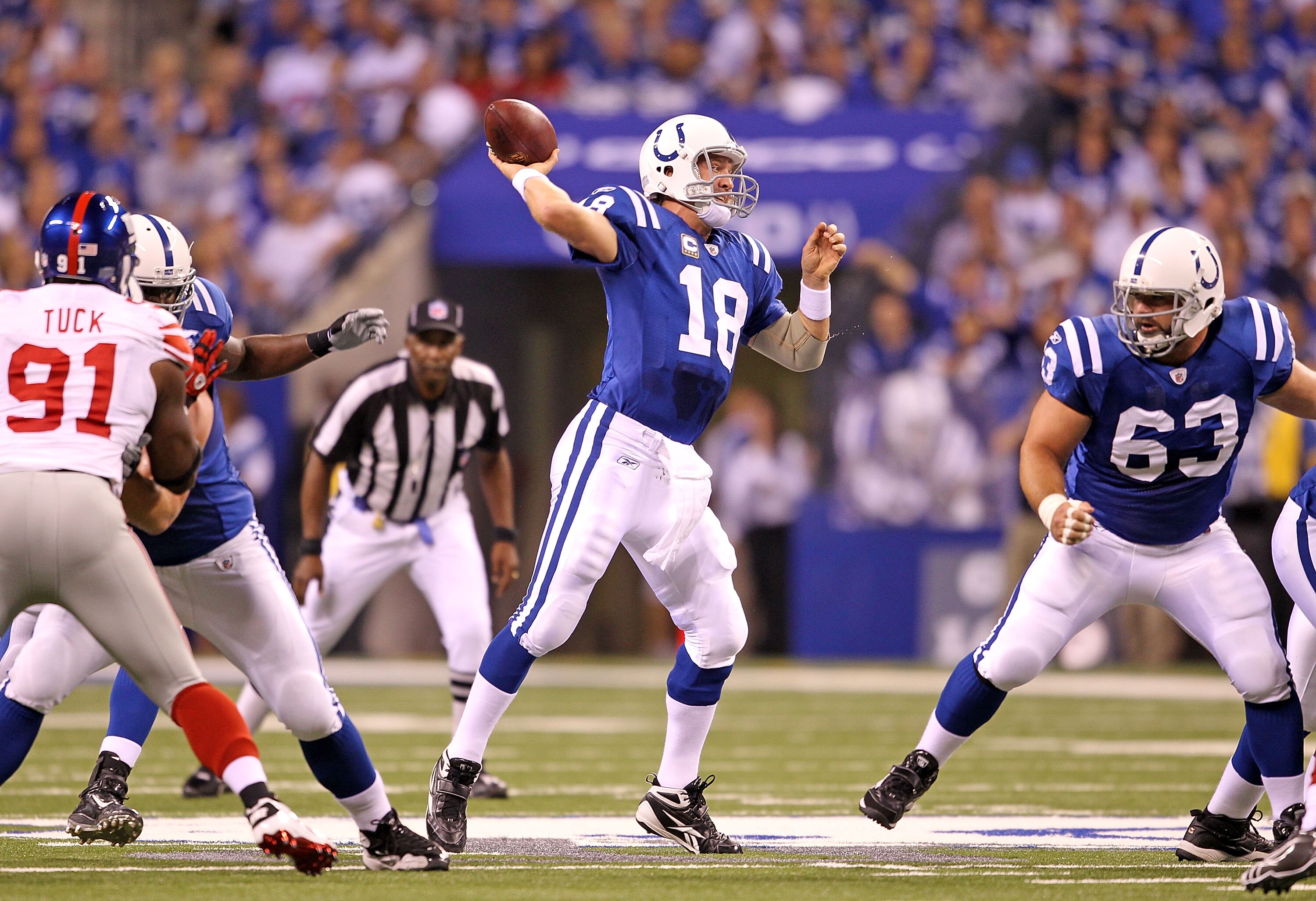 INDIANAPOLIS - SEPTEMBER 19:  Peyton Manning #18 of the Indianapolis Colts throws a pass during  the NFL game against the New York Giants  at Lucas Oil Stadium on September 19, 2010 in Indianapolis, Indiana.  (Photo by Andy Lyons/Getty Images)