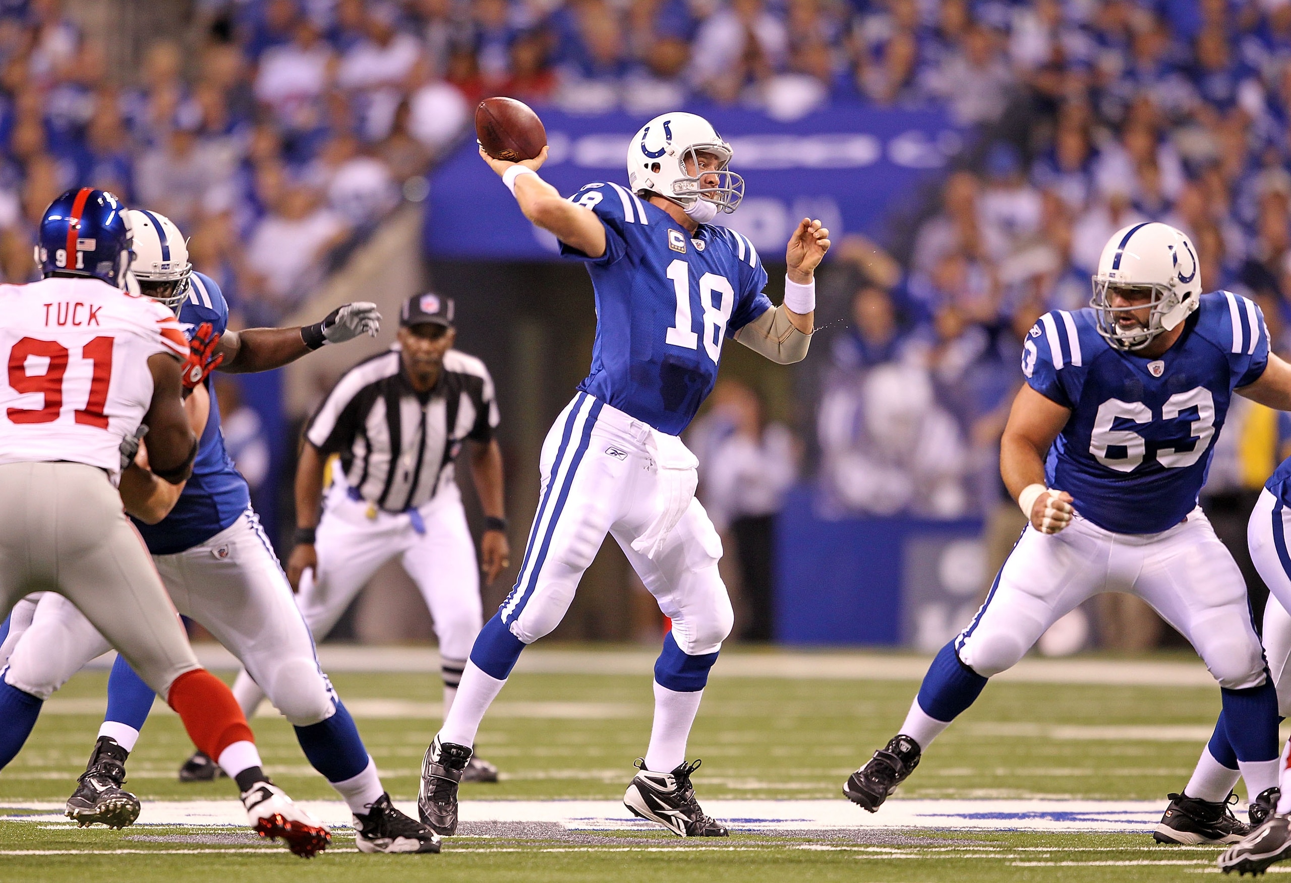 INDIANAPOLIS - SEPTEMBER 19: Peyton Manning #18 of the Indianapolis Colts throws a pass during the NFL game against the New York Giants at Lucas Oil Stadium on September 19, 2010 in Indianapolis, Indiana. (Photo by Andy Lyons/Getty Images) INDIANAPOLIS - SEPTEMBER 19: Peyton Manning #18 of the Indianapolis Colts throws a pass during the NFL game against the New York Giants at Lucas Oil Stadium on September 19, 2010 in Indianapolis, Indiana. (Photo by Andy Lyons/Getty Images)