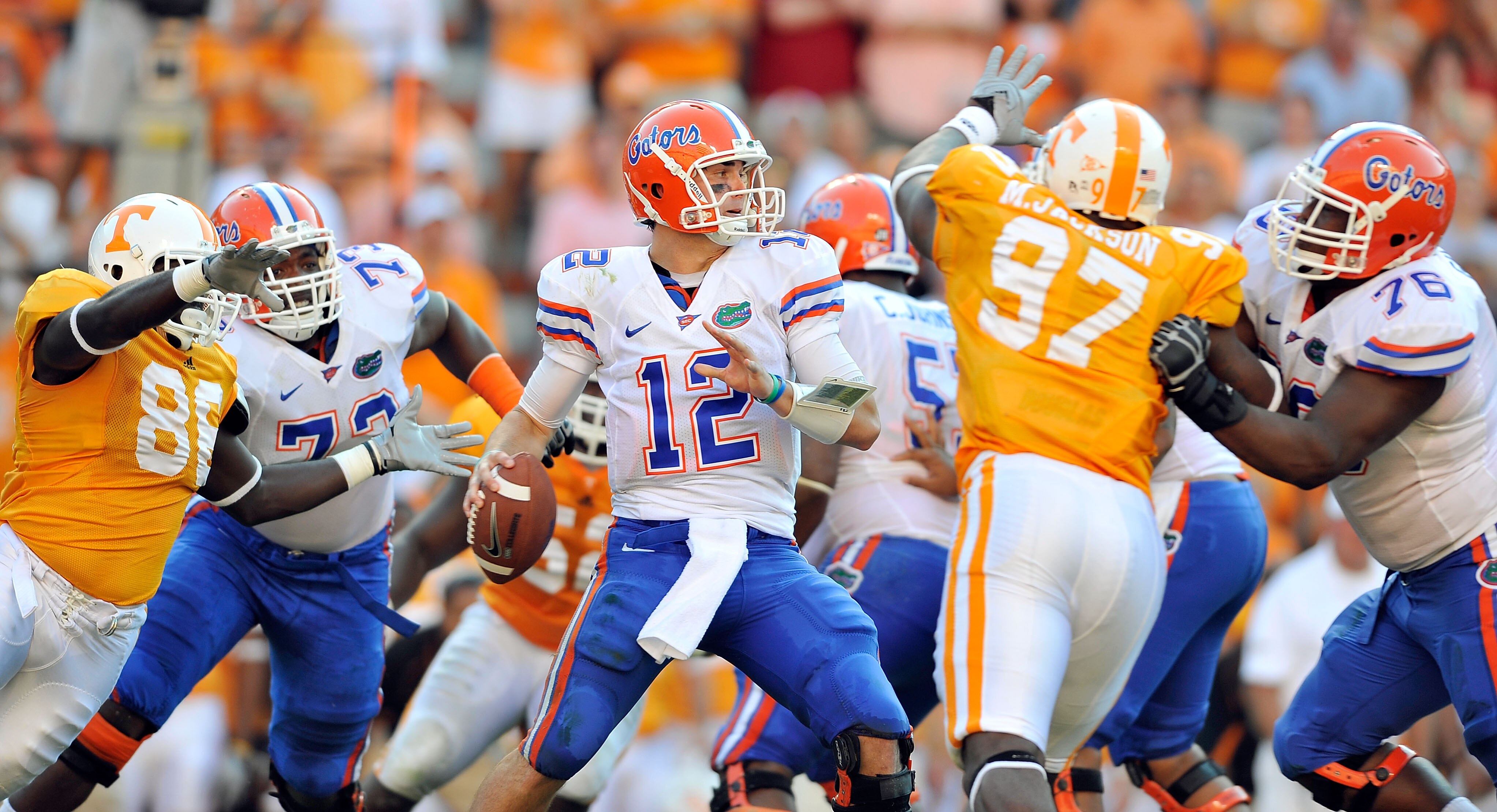 KNOXVILLE, TN - SEPTEMBER 18: Quarterback John Brantley #12 of the Florida Gators drops back to pass against the Tennessee Volunteers at Neyland Stadium on September 18, 2010 in Knoxville, Tennessee. (Photo by Grant Halverson/Getty Images) KNOXVILLE, TN - SEPTEMBER 18: Quarterback John Brantley #12 of the Florida Gators drops back to pass against the Tennessee Volunteers at Neyland Stadium on September 18, 2010 in Knoxville, Tennessee. (Photo by Grant Halverson/Getty Images)