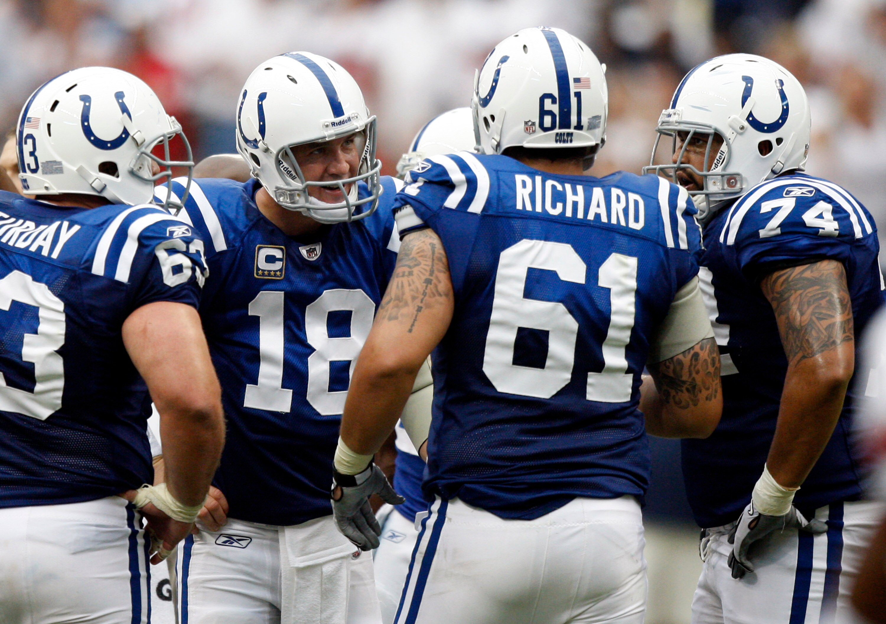 HOUSTON - SEPTEMBER 12:  Quarterback Peyton Manning #18 of the Indianapolis Colts has words with offensive guard Jamey Richard #61 after a delay of game penalty was called during  the NFL seaso1n opener football game against the Houston Texans at Reliant