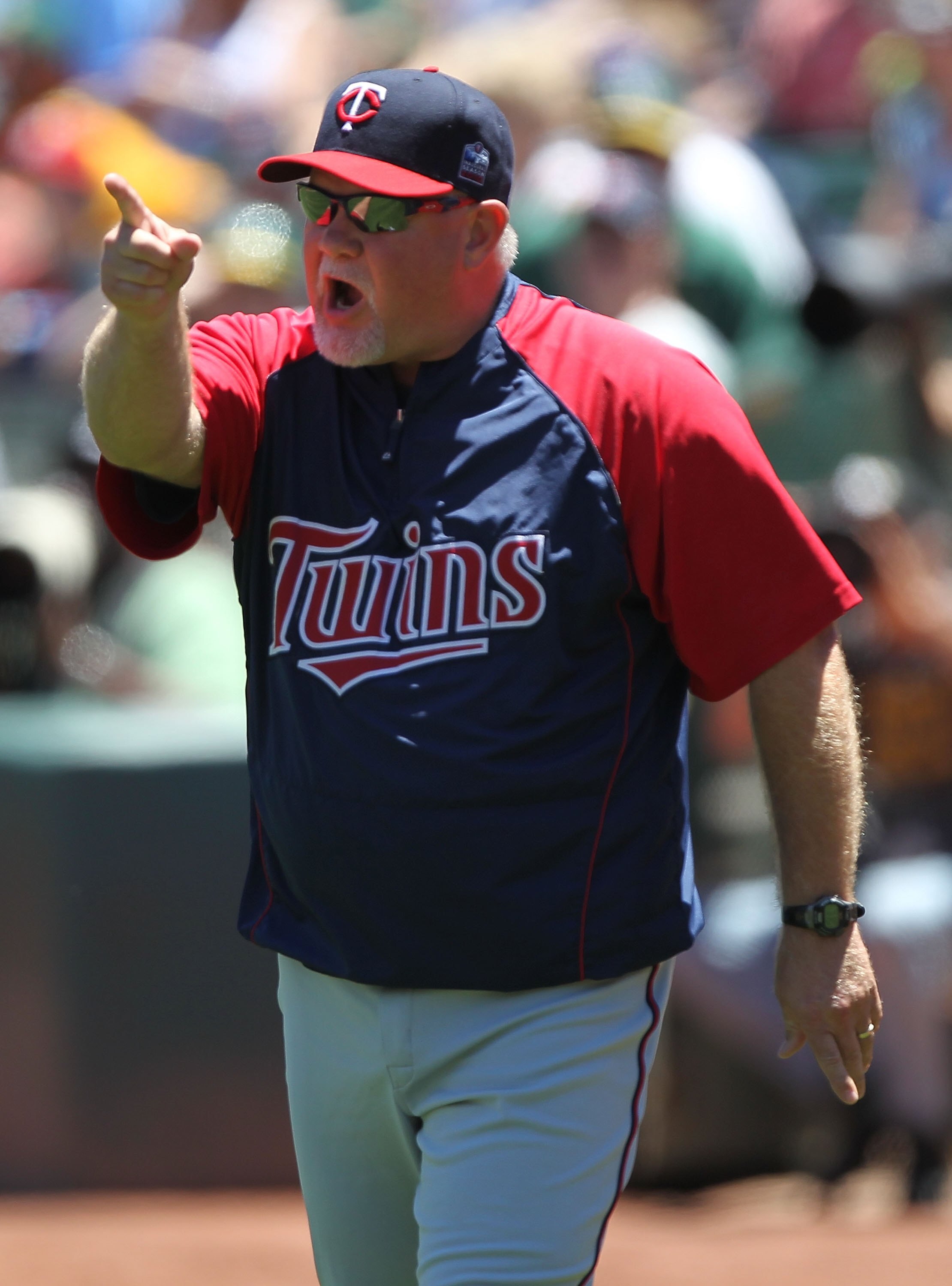OAKLAND, CA - JUNE 06:  Manager Ron Gardenhire of the Minnesota Twins arues against the Oakland Athletics during an MLB game at the Oakland-Alameda County Coliseum on June 6, 2010 in Oakland, California.  (Photo by Jed Jacobsohn/Getty Images)