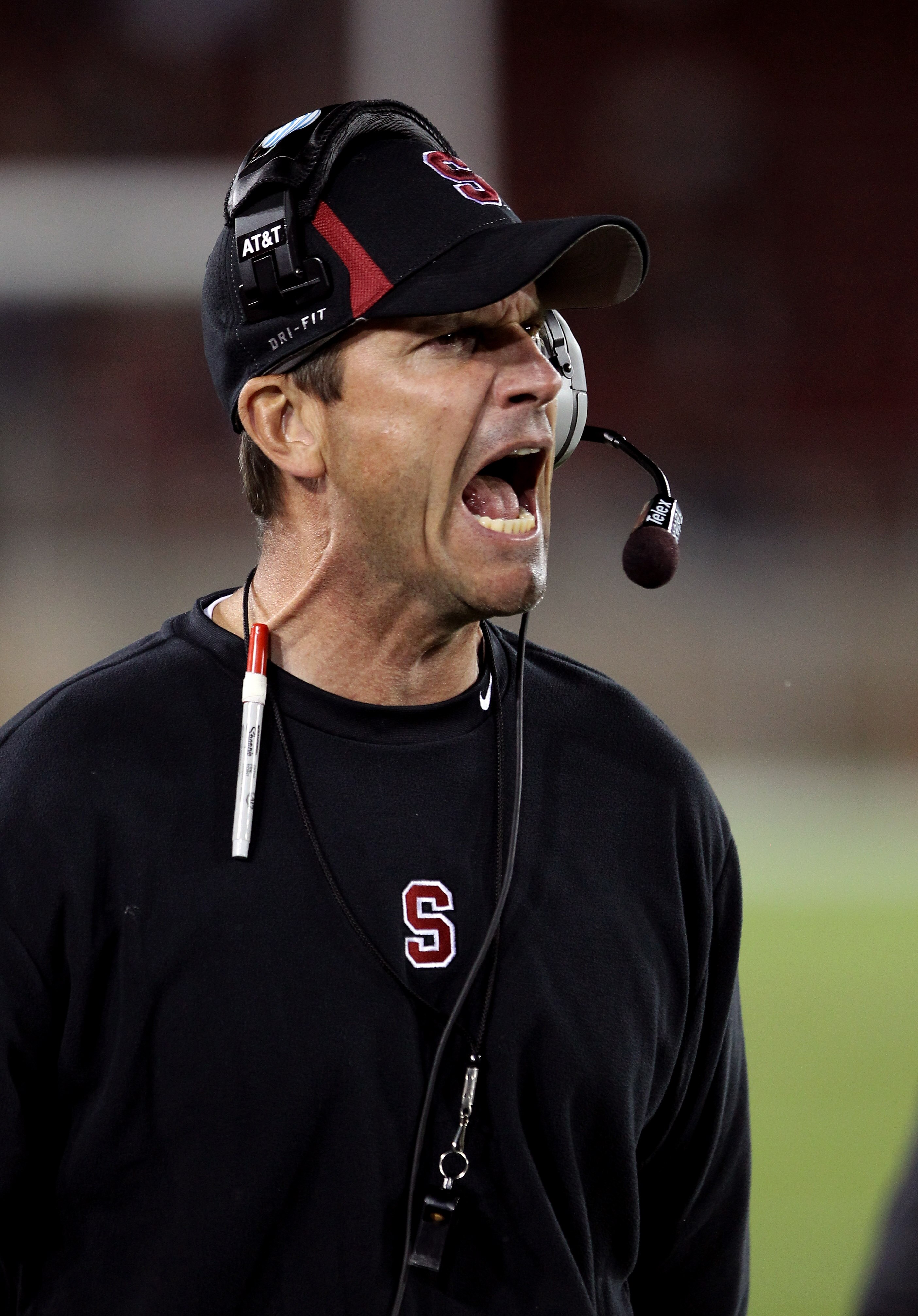 PALO ALTO, CA - SEPTEMBER 18:  Head coach Jim Harbaugh of the Stanford Cardinal shouts instructions to his team during their game against the Wake Forest Demon Deacons at Stanford Stadium on September 18, 2010 in Palo Alto, California.  (Photo by Ezra Sha