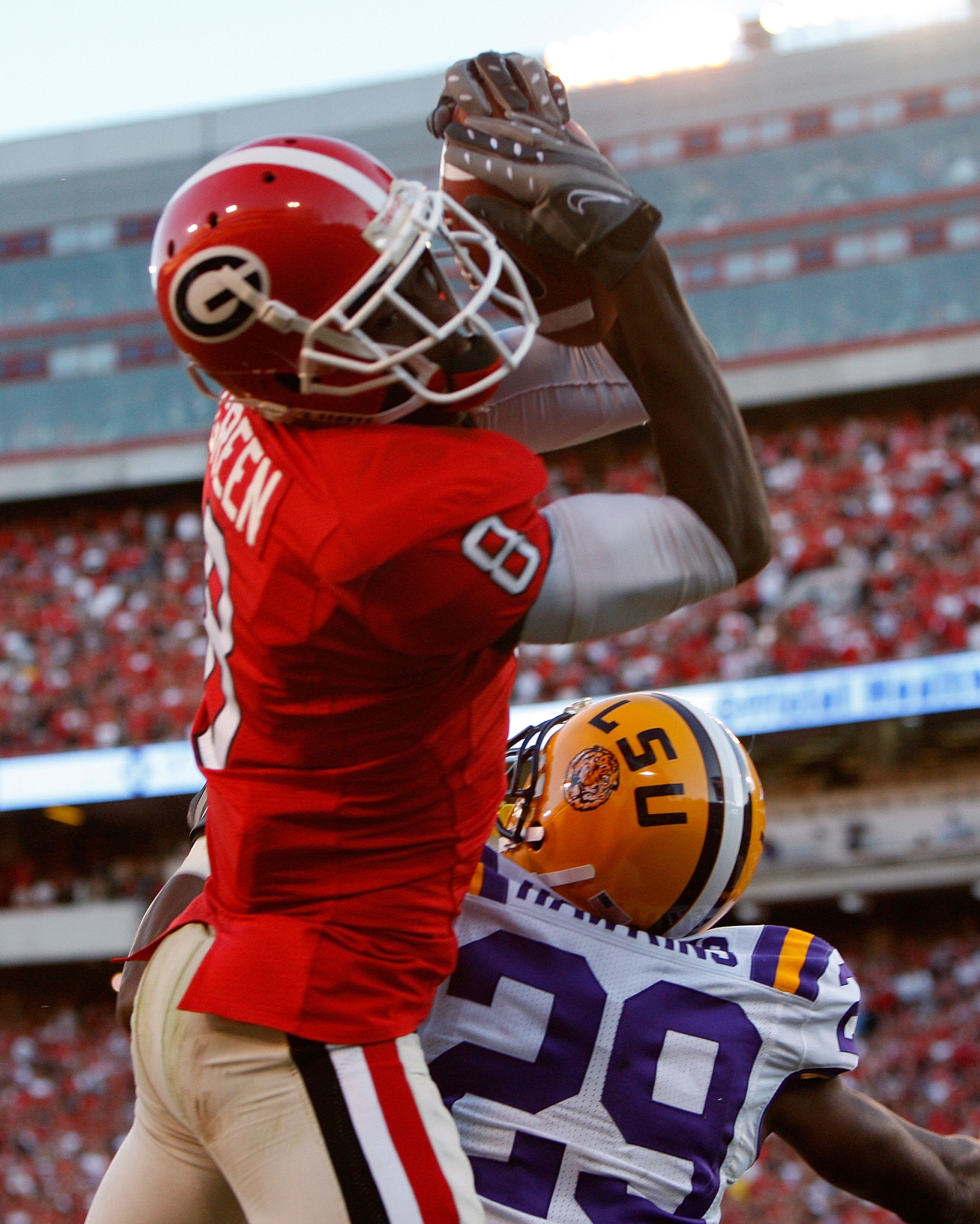 ATHENS, GA - OCTOBER 03: A.J. Green #8 of the Georgia Bulldogs pulls in this touchdown reception against Chris Hawkins #29 of the Louisiana State University Tigers at Sanford Stadium on October 3, 2009 in Athens, Georgia. (Photo by Kevin C. Cox/Getty Imag ATHENS, GA - OCTOBER 03: A.J. Green #8 of the Georgia Bulldogs pulls in this touchdown reception against Chris Hawkins #29 of the Louisiana State University Tigers at Sanford Stadium on October 3, 2009 in Athens, Georgia. (Photo by Kevin C. Cox/Getty Imag