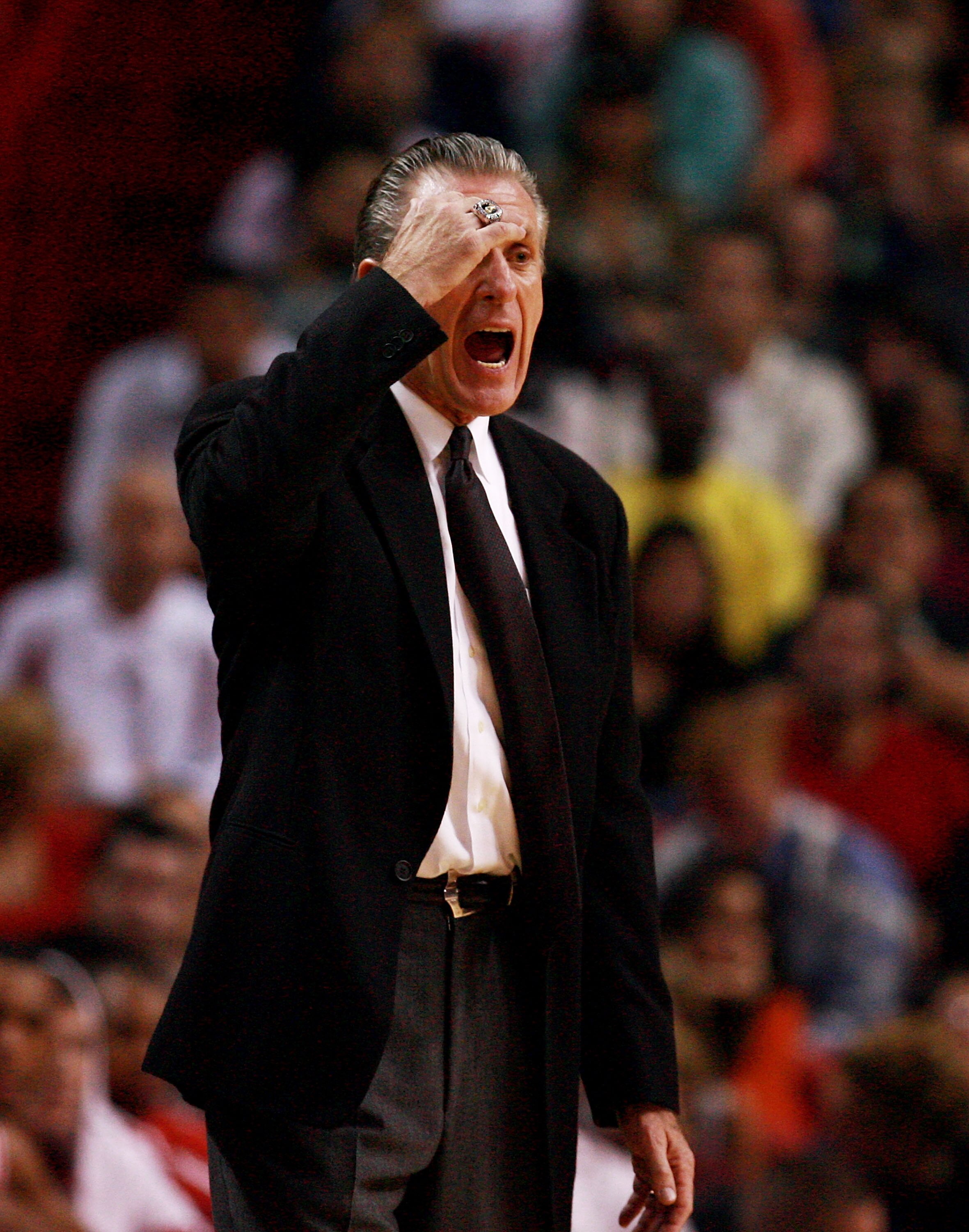 MIAMI - DECEMBER 22:  Head coach Pat Riley of the Miami Heat yells out instructions to his team while taking on the Utah Jazz at American Airlines Arena December 22, 2007 in Miami, Florida. NOTE TO USER: User expressly acknowledges and agrees that, by dow