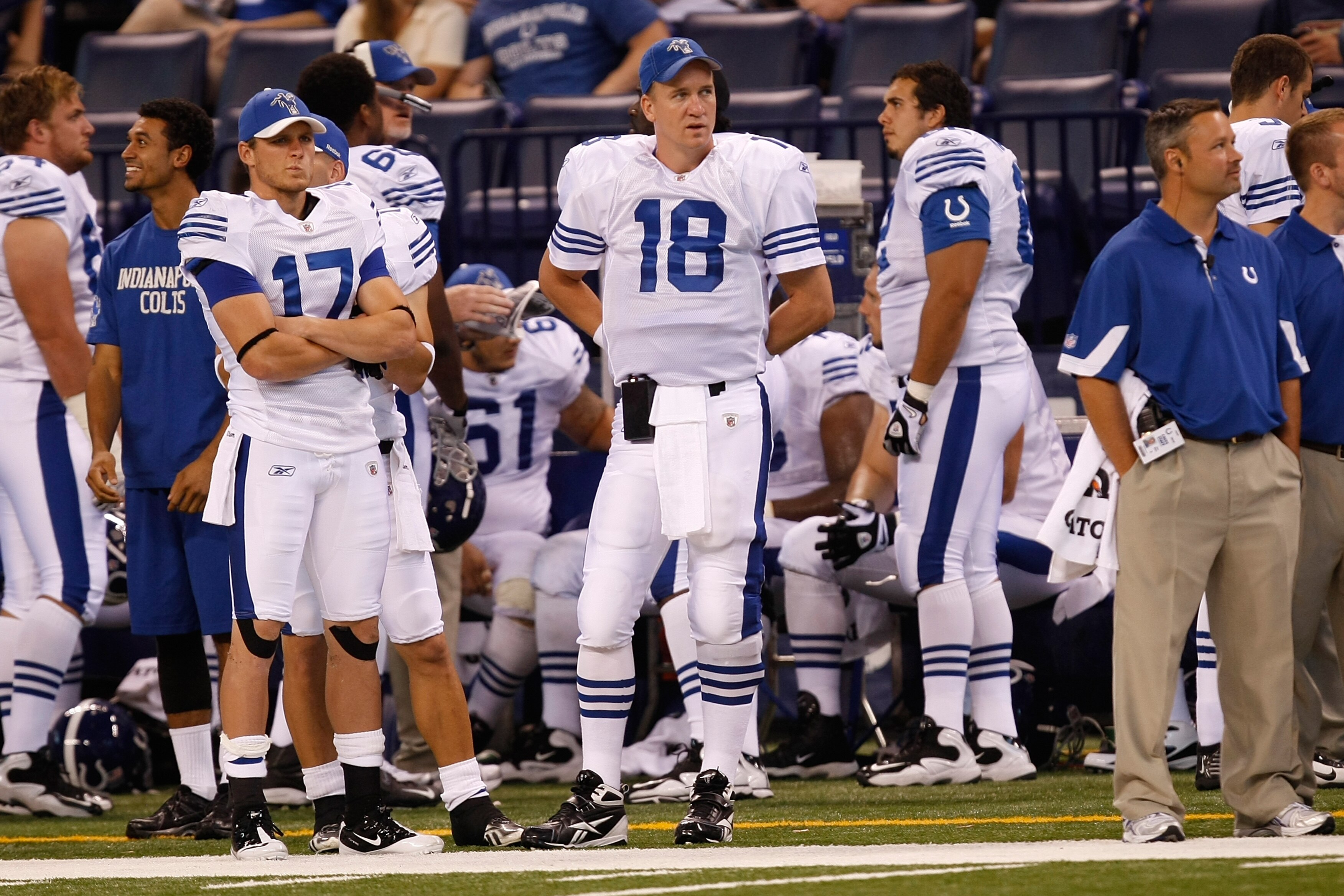INDIANAPOLIS, IN - AUGUST 15: Peyton Manning #18 of the Indianapolis Colts looks on during the preseason game against the San Francisco 49ers at Lucas Oil Stadium on August 15, 2010 in Indianapolis, Indiana.  (Photo by Scott Boehm/Getty Images)