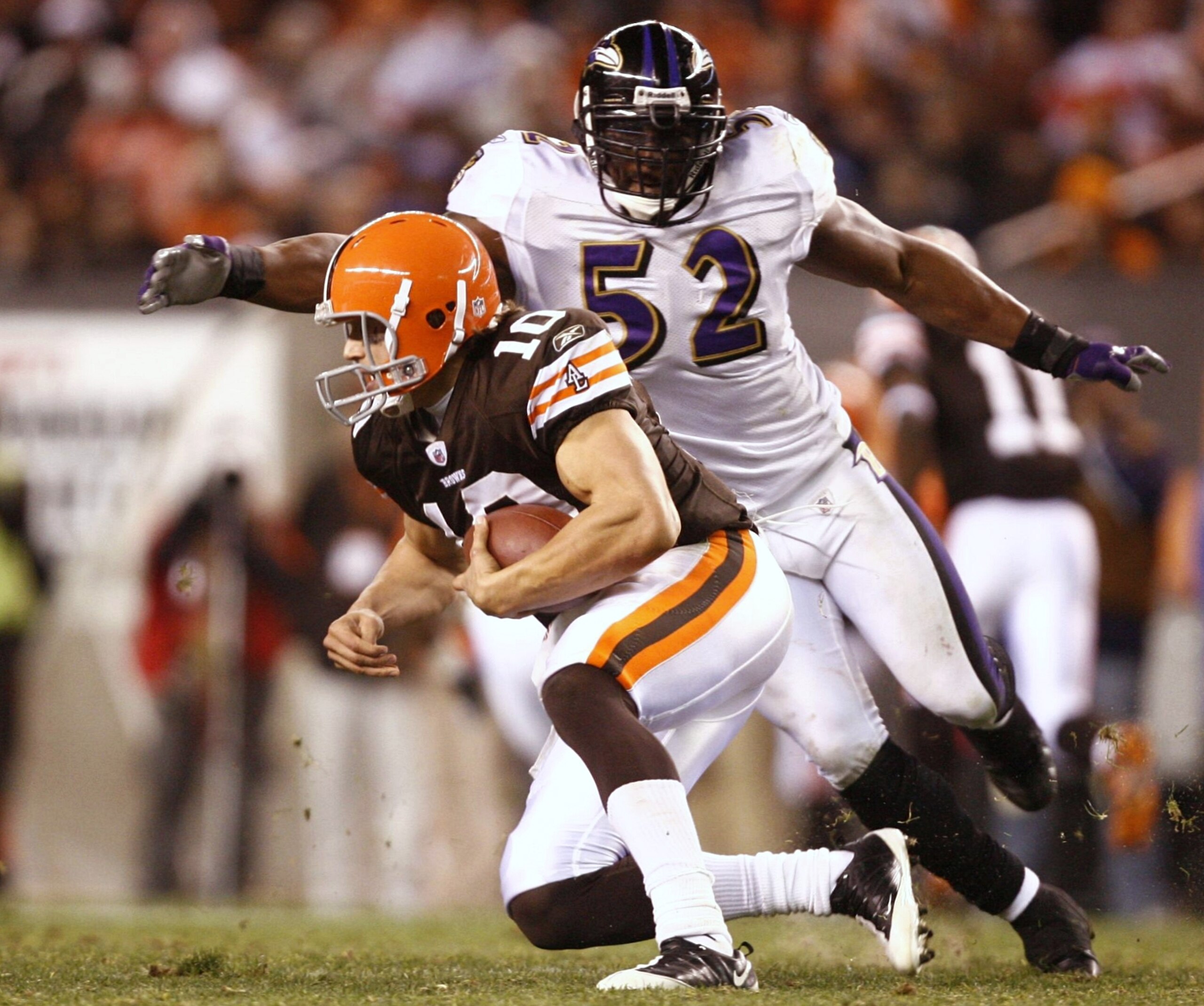 CLEVELAND - NOVEMBER 16: Quarterback Brady Quinn #10 of the Cleveland Browns is sacked by Ray Lewis #52 of the Baltimore Ravens in the third quarter at Cleveland Browns Stadium on November 16, 2009 in Cleveland, Ohio.  (Photo by Matt Sullivan/Getty Images