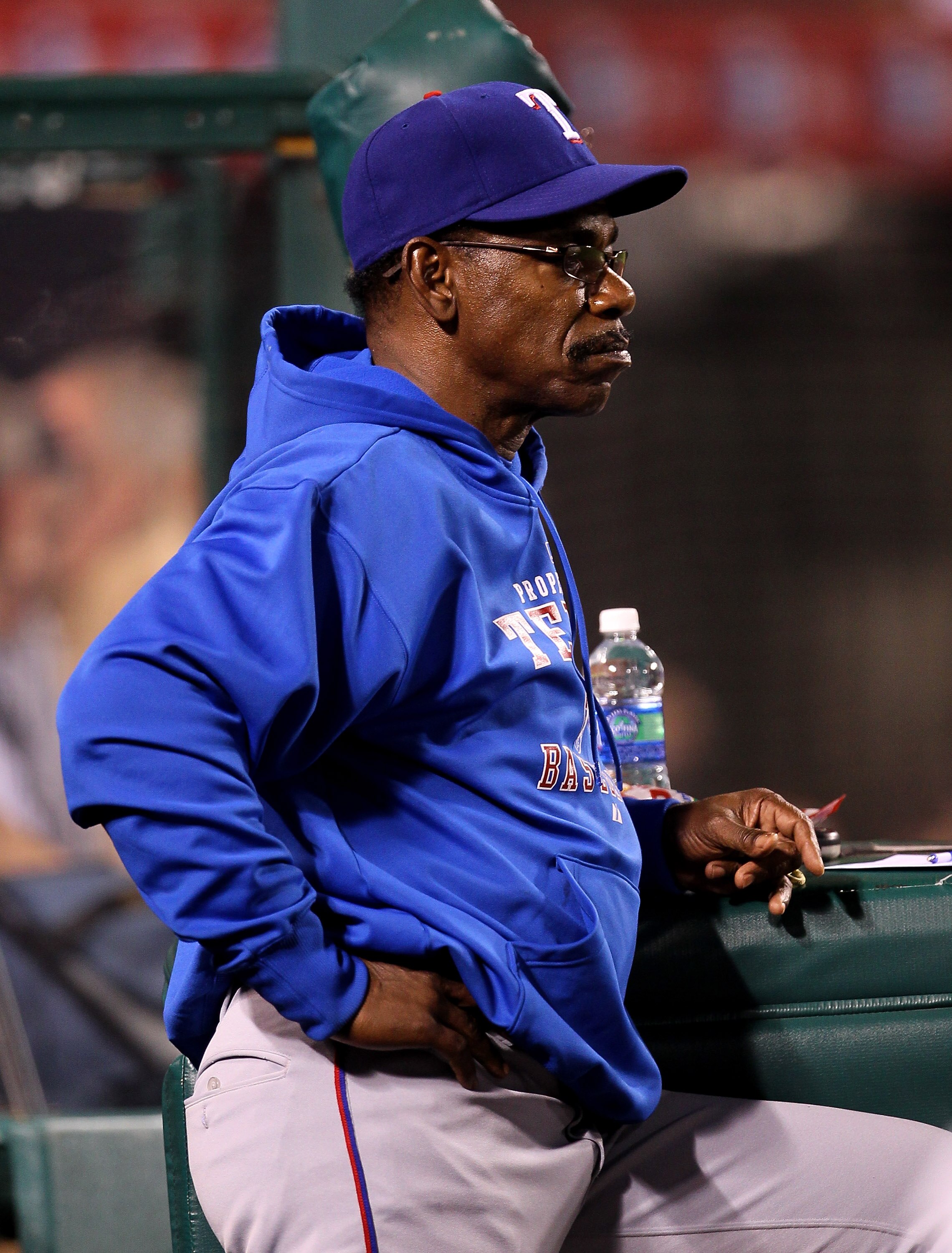 ANAHEIM, CA - SEPTEMBER 21:  Manager Ron Washington of the Texas Rangers looks on from the dugout during the game with the Los Angeles Angels of Anaheim on September 21, 2010 at Angel Stadium in Anaheim, California. The Angels won 2-0.  (Photo by Stephen 