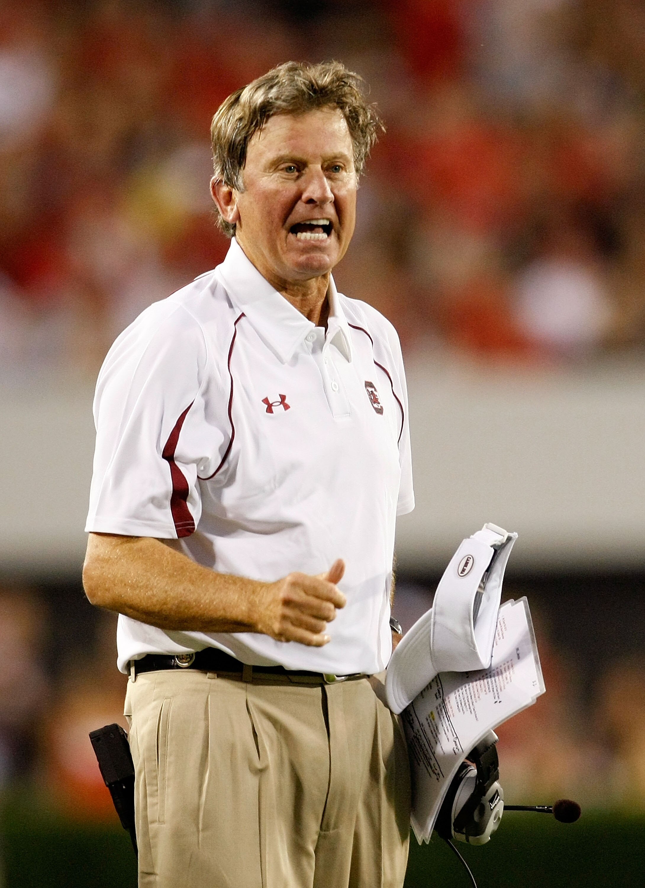 ATHENS, GA - SEPTEMBER 12:  Head coach Steve Spurrier of the South Carolina Gamecocks questions a call during the game against the Georgia Bulldogs at Sanford Stadium on September 12, 2009 in Athens, Georgia.  (Photo by Kevin C. Cox/Getty Images)