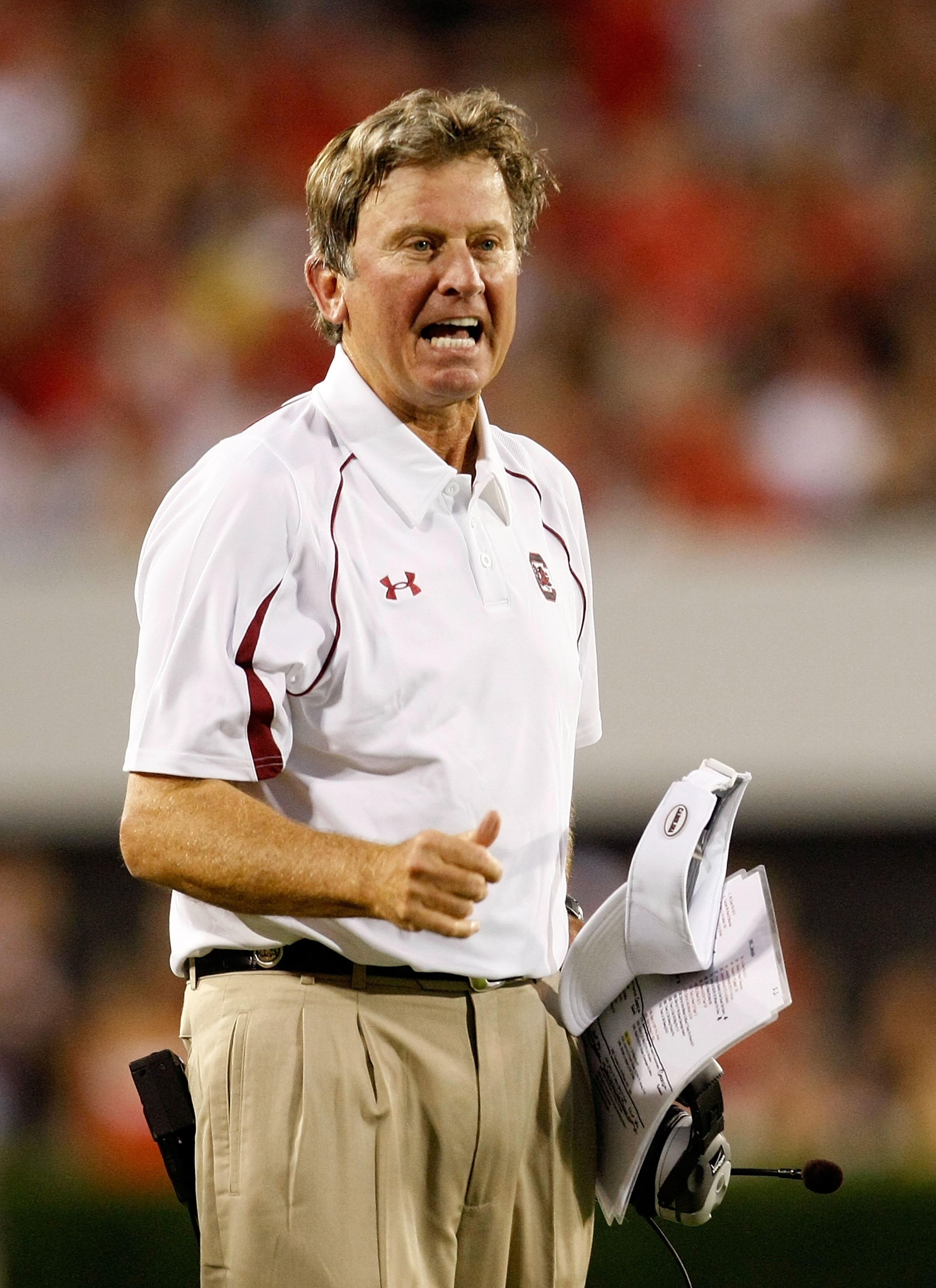 ATHENS, GA - SEPTEMBER 12:  Head coach Steve Spurrier of the South Carolina Gamecocks questions a call during the game against the Georgia Bulldogs at Sanford Stadium on September 12, 2009 in Athens, Georgia.  (Photo by Kevin C. Cox/Getty Images)