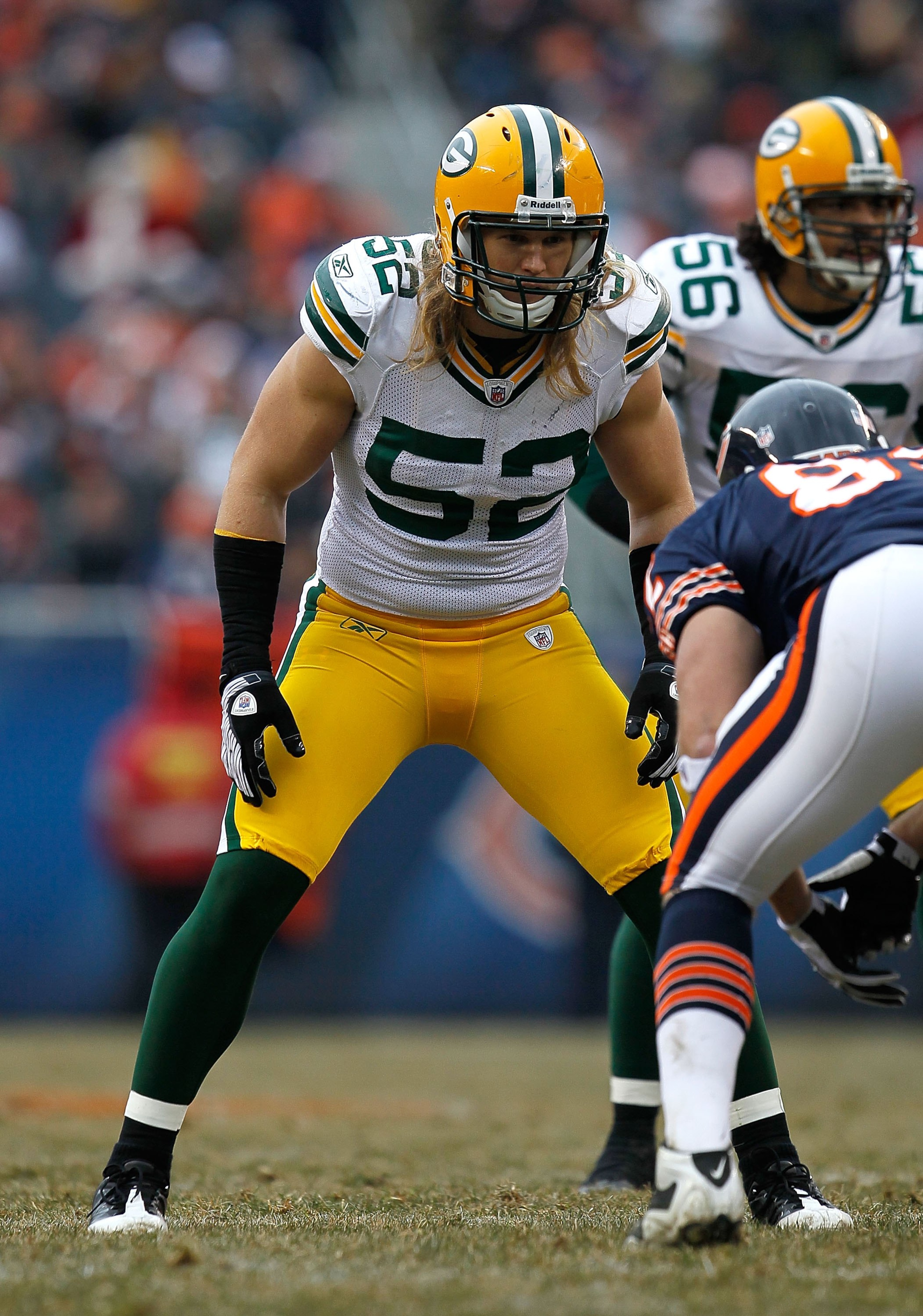CHICAGO - DECEMBER 13: Clay Matthews #52 of the Green Bay Packers awaits the start of play against the Chicago Bears at Soldier Field on December 13, 2009 in Chicago, Illinois. The Packers defeated the Bears 21-14. (Photo by Jonathan Daniel/Getty Images)