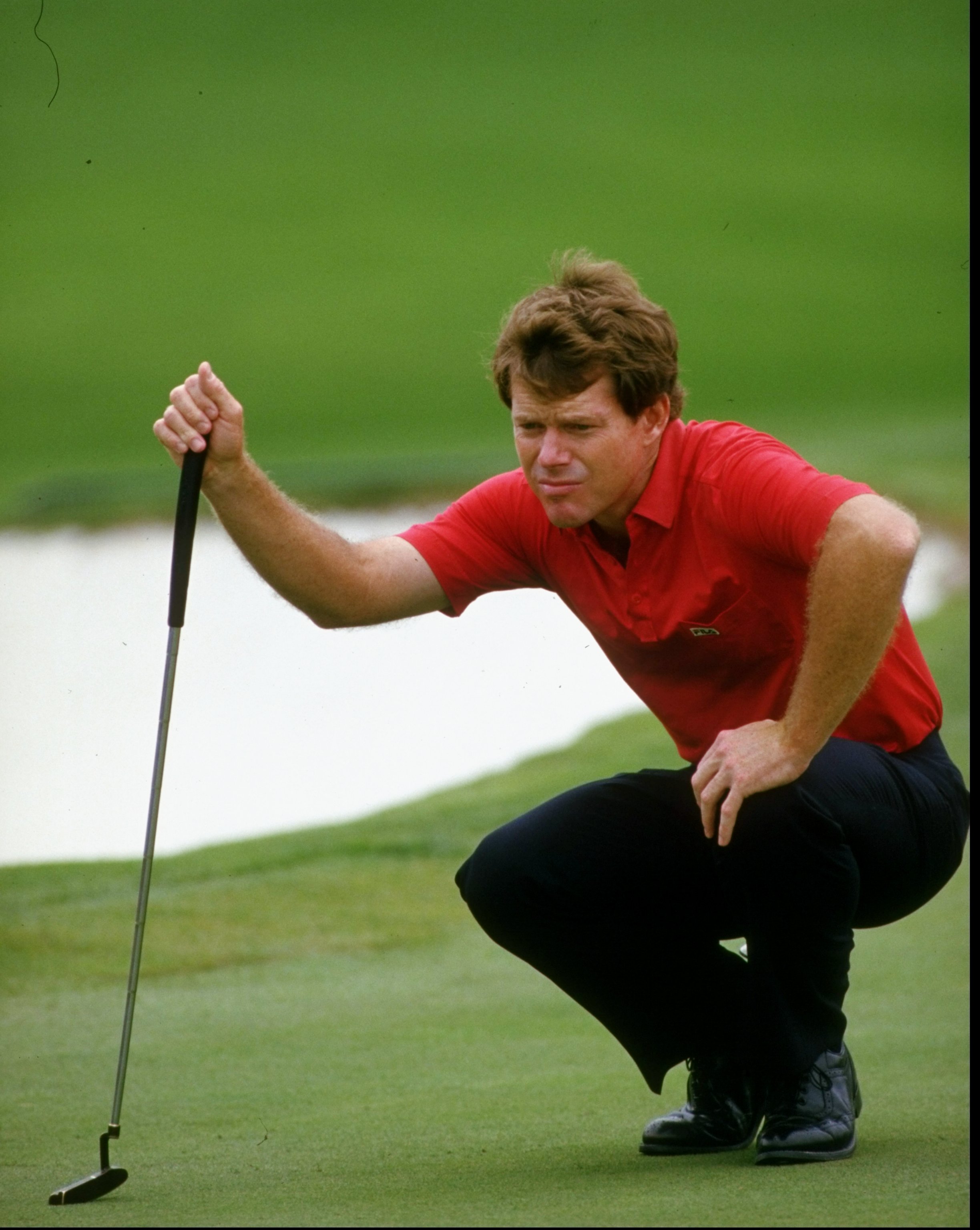 1985:  Tom Watson of the USA checks the line of his putt during the US Masters at the Augusta National Golf Club in Georgia, USA. \ Mandatory Credit: David  Cannon/Allsport