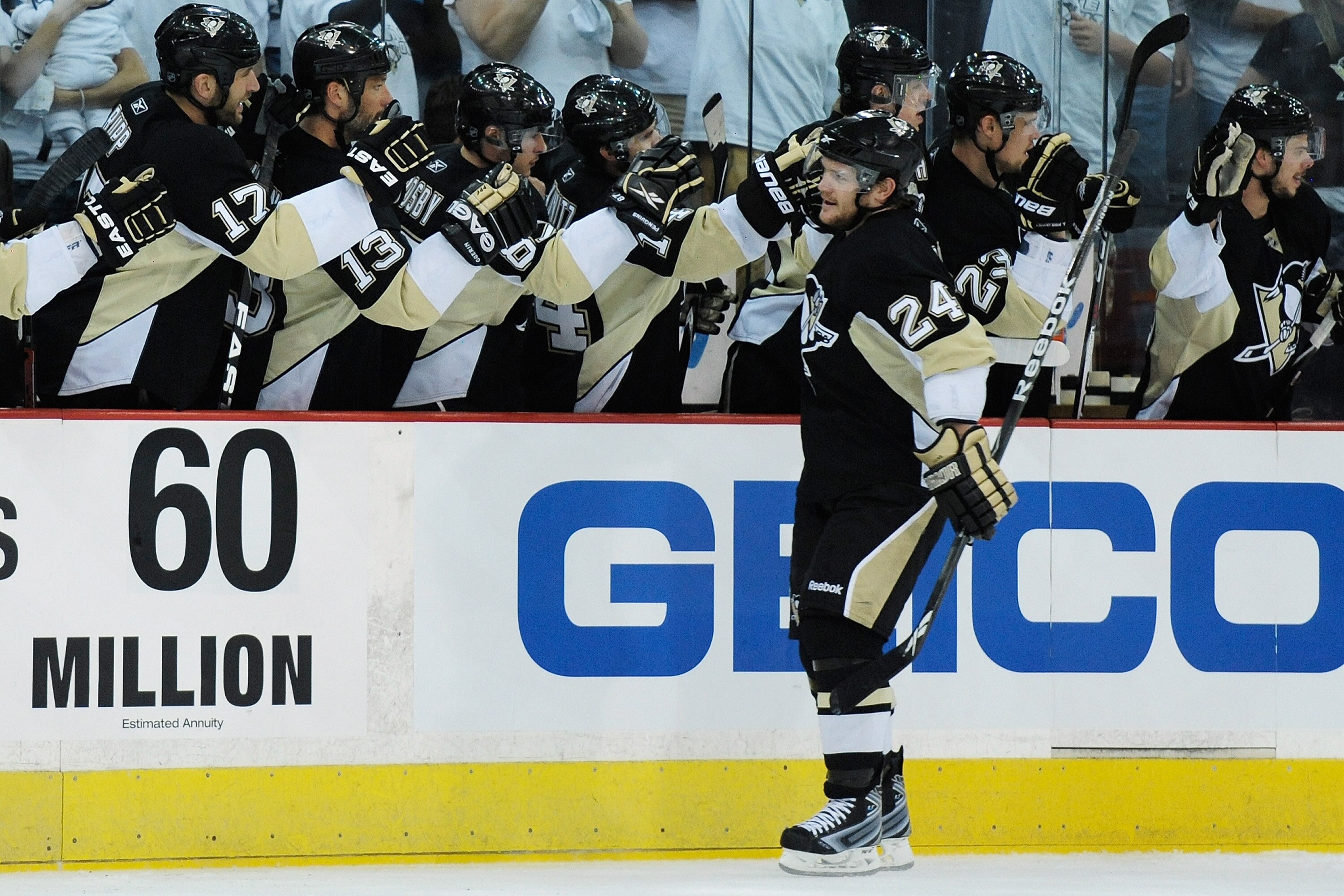 PITTSBURGH - MAY 2:  Matt Cooke #24 of the Pittsburgh Penguins is congratulated by the bench after scoring in the first period against the Montreal Canadiens in Game Two of the Eastern Conference Semifinals during the 2010 NHL Stanley Cup Playoffs on May 