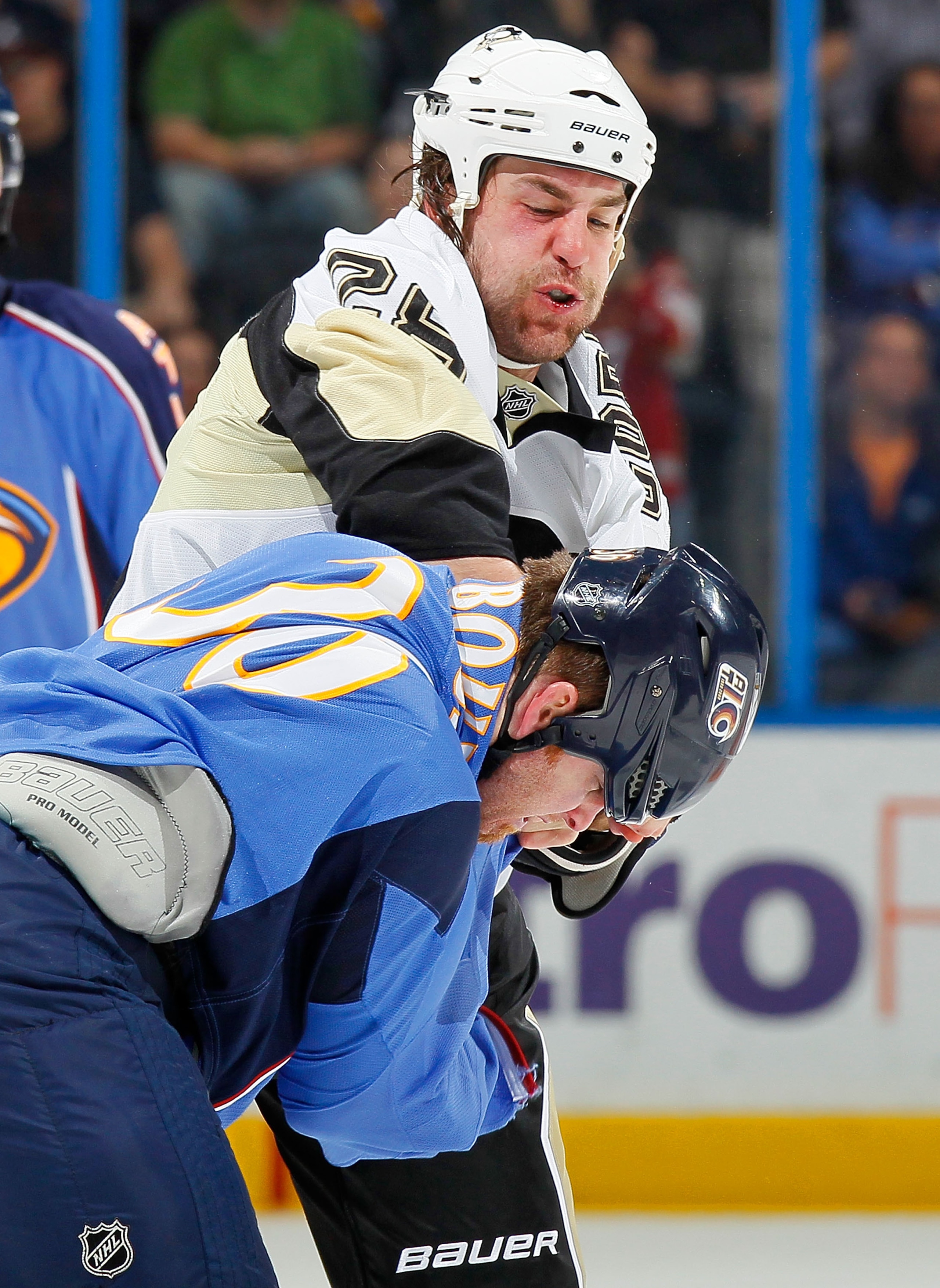 ATLANTA - APRIL 10: Eric Godard #28 of the Pittsburgh Penguins fights with Eric Boulton #36 of the Atlanta Thrashers at Philips Arena on April 10, 2010 in Atlanta, Georgia. (Photo by Kevin C. Cox/Getty Images) ATLANTA - APRIL 10: Eric Godard #28 of the Pittsburgh Penguins fights with Eric Boulton #36 of the Atlanta Thrashers at Philips Arena on April 10, 2010 in Atlanta, Georgia. (Photo by Kevin C. Cox/Getty Images)