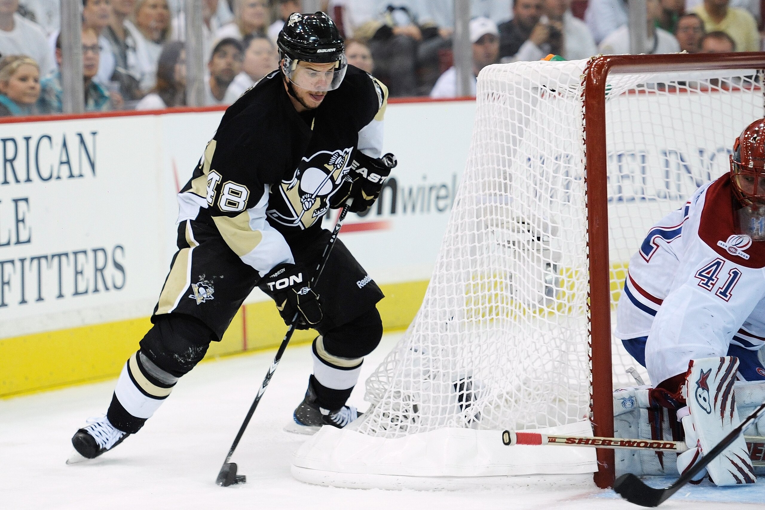 PITTSBURGH - MAY 2: Tyler Kennedy #48 of the Pittsburgh Penguins skates with the puck against the Montreal Canadiens in Game Two of the Eastern Conference Semifinals during the 2010 NHL Stanley Cup Playoffs on May 2, 2010 at Mellon Arena in Pittsburgh, P PITTSBURGH - MAY 2: Tyler Kennedy #48 of the Pittsburgh Penguins skates with the puck against the Montreal Canadiens in Game Two of the Eastern Conference Semifinals during the 2010 NHL Stanley Cup Playoffs on May 2, 2010 at Mellon Arena in Pittsburgh, P