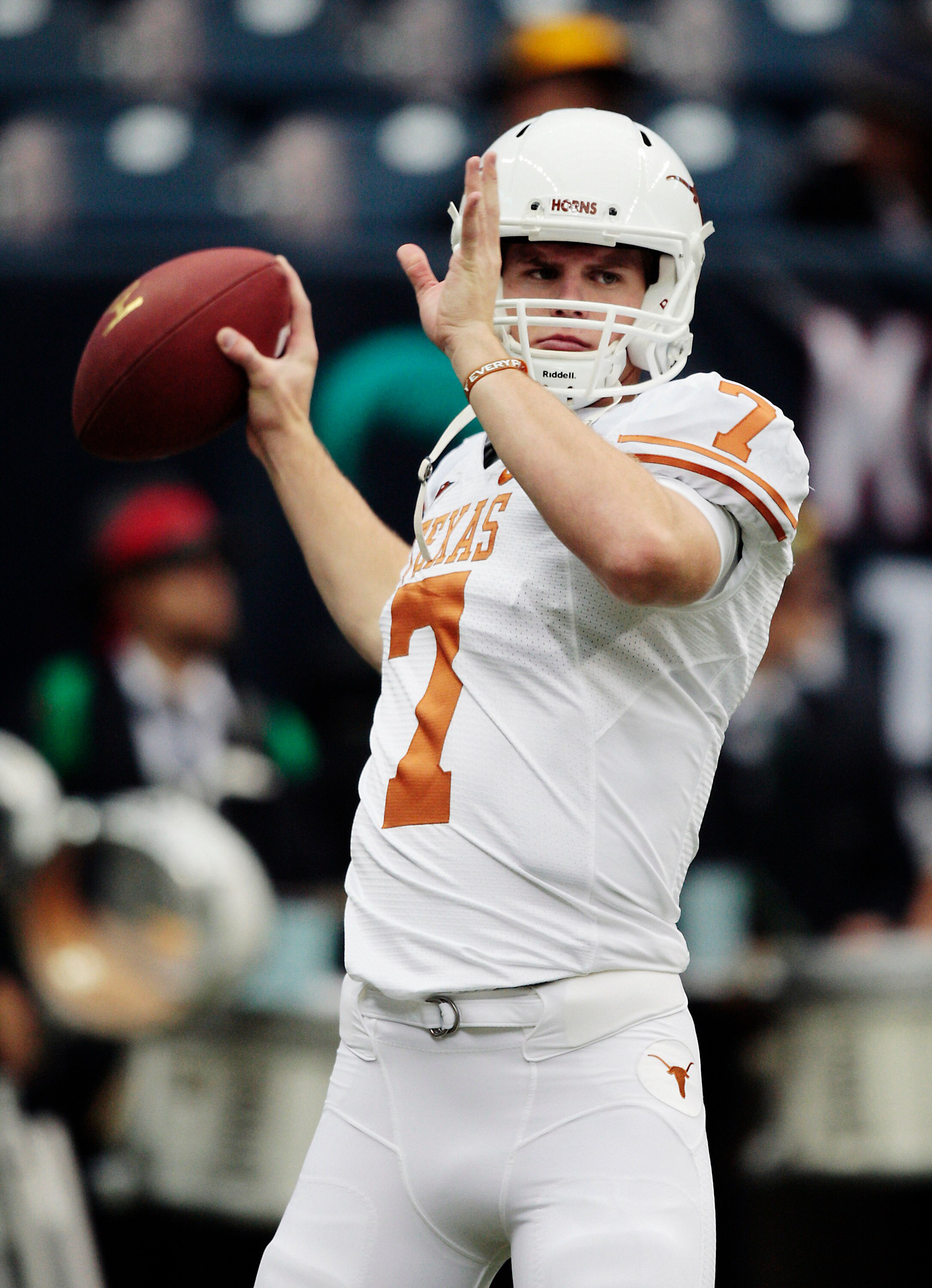 HOUSTON - SEPTEMBER 04:  Quarterback Garrett Gilbert #7 of the Texas Longhorns during game action against the Rice Owls at Reliant Stadium on September 4, 2010 in Houston, Texas. Texas won 34-17.  (Photo by Bob Levey/Getty Images)
