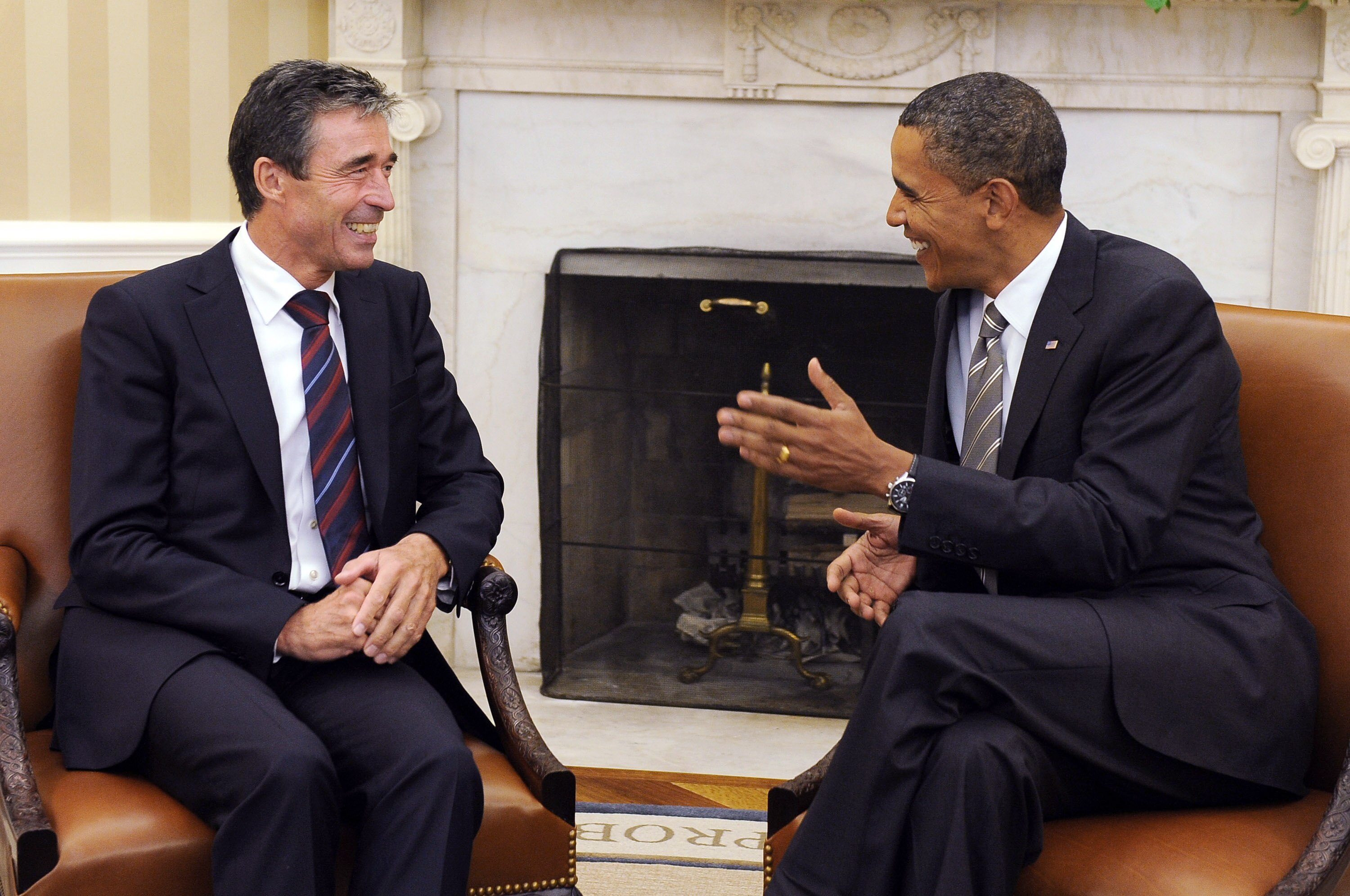 WASHINGTON - SEPTEMBER 7:  U.S. President Barack Obama (R) meets with NATO Secretary General Anders Fogh Rasmussen in the Oval Office of the White House September 7, 2010 in Washington, DC.  According to reports, Rasmussen said September 7, that NATO forc