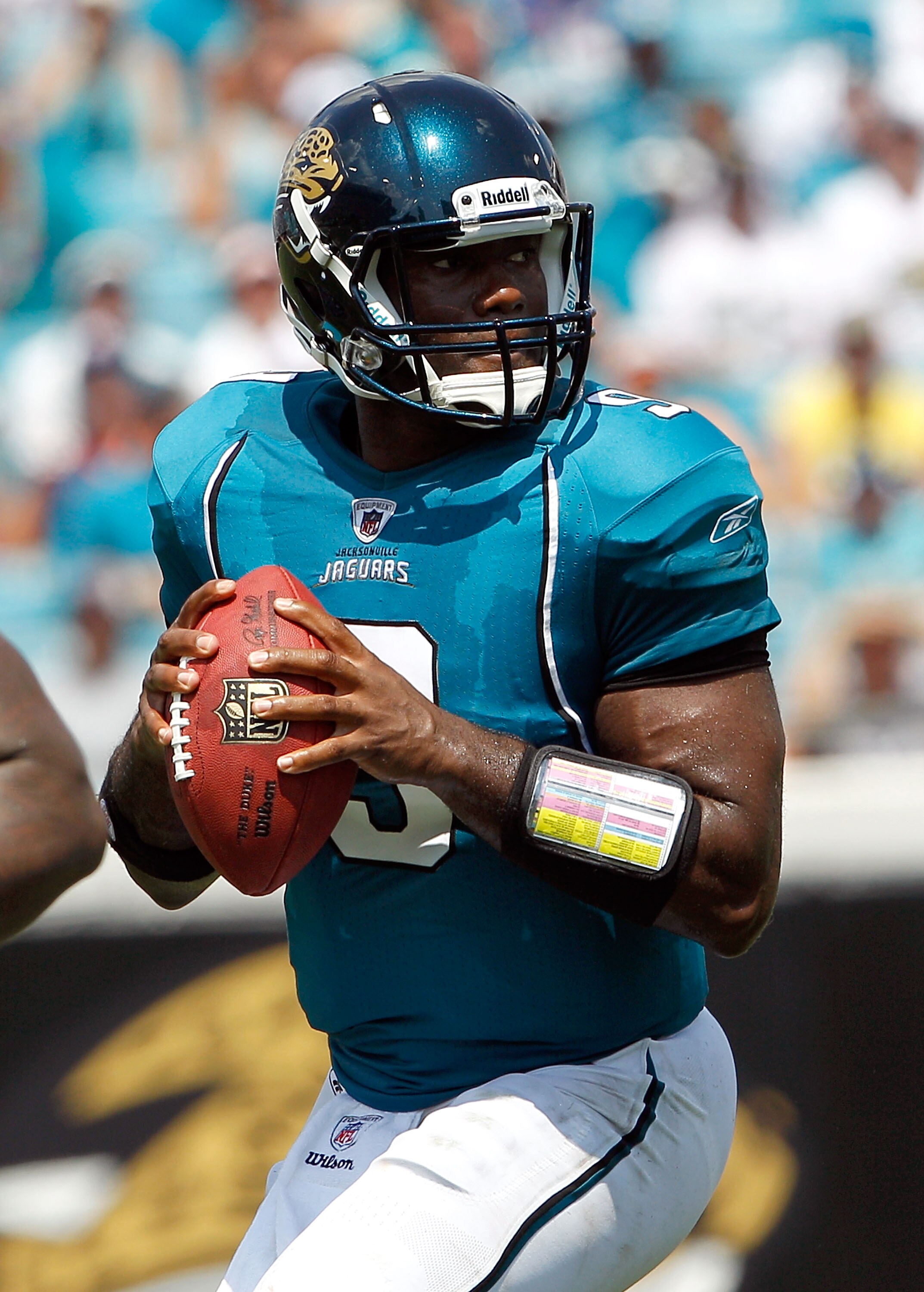JACKSONVILLE, FL - SEPTEMBER 12:  Quarterback David Garrard #9 of the Jacksonville Jaguars attempts a pass during the NFL season opener game against the Denver Broncos at EverBank Field on September 12, 2010 in Jacksonville, Florida.  (Photo by Sam Greenw