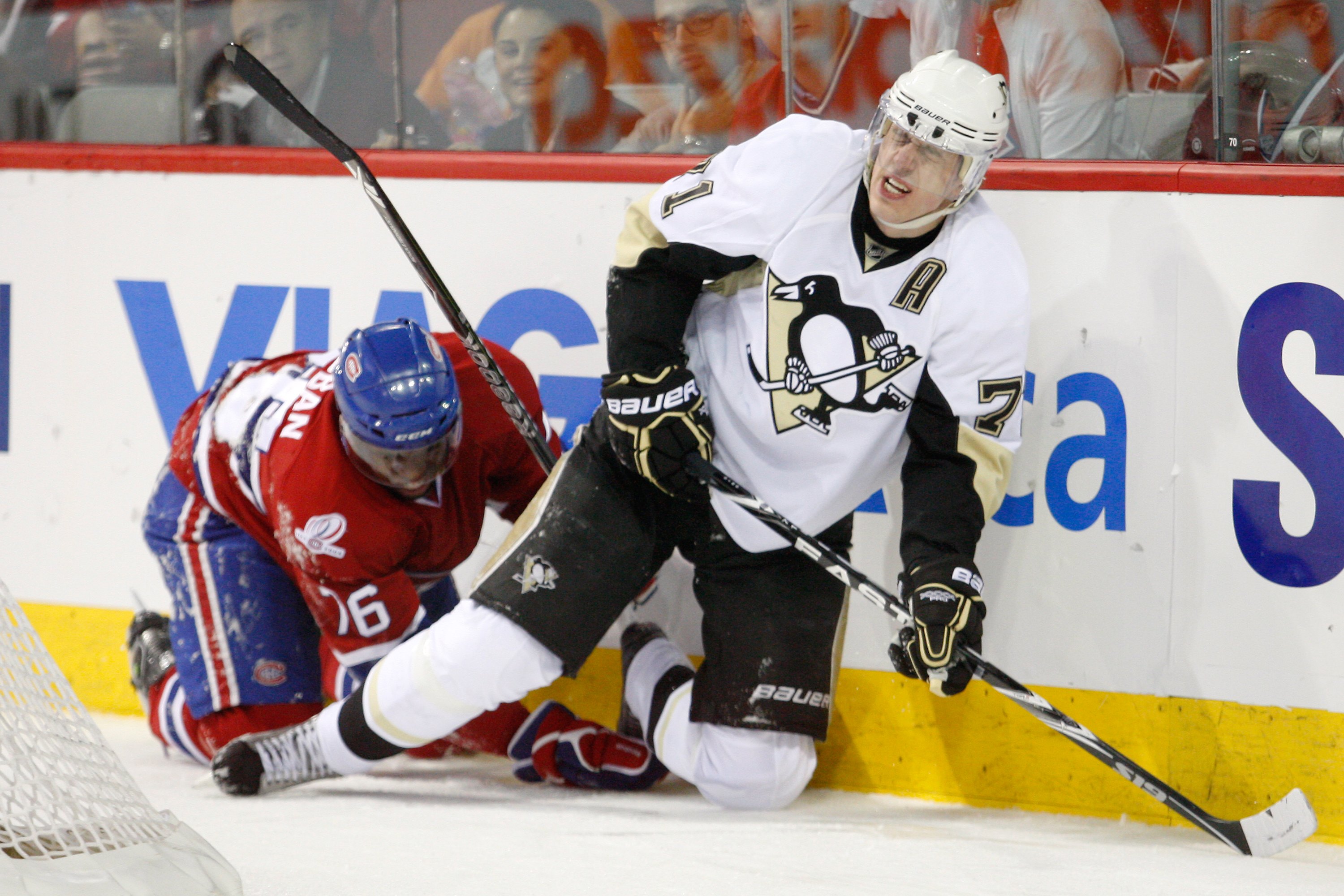 MONTREAL- MAY 6:  Evgeni Malkin #71 of the Pittsburgh Penguins winces after colliding with P.K. Subban #76 of the Montreal Canadiens in Game Four of the Eastern Conference Semifinals during the 2010 NHL Stanley Cup Playoffs at the Bell Centre on May 6, 20