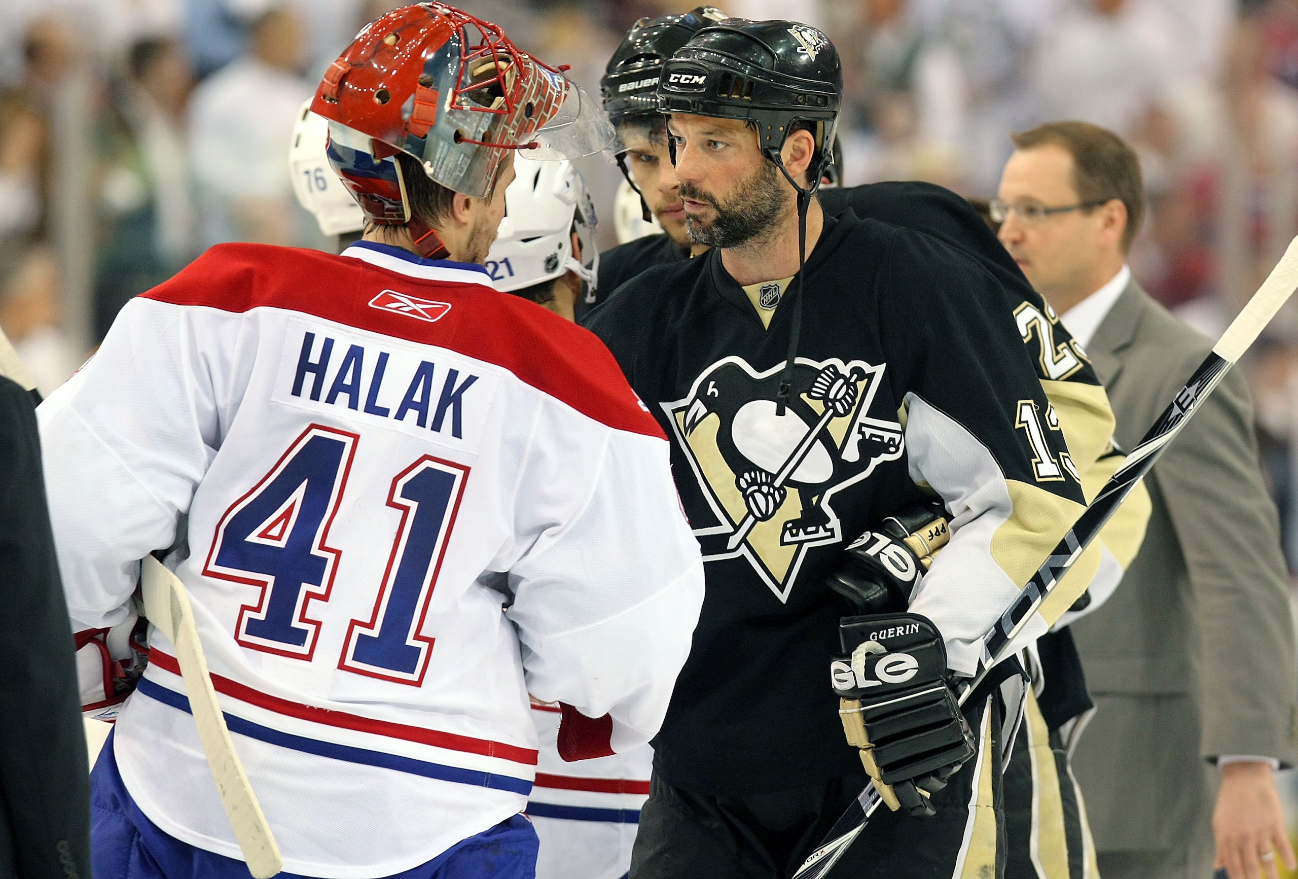 PITTSBURGH - MAY 12: Jaroslav Halak #41 of the Montreal Canadiens shakes hands with Bill Guerin #13 of the Pittsburgh Penguins in Game Seven of the Eastern Conference Semifinals during the 2010 Stanley Cup Playoffs at Mellon Arena on May 12, 2010 in Pitt PITTSBURGH - MAY 12: Jaroslav Halak #41 of the Montreal Canadiens shakes hands with Bill Guerin #13 of the Pittsburgh Penguins in Game Seven of the Eastern Conference Semifinals during the 2010 Stanley Cup Playoffs at Mellon Arena on May 12, 2010 in Pitt