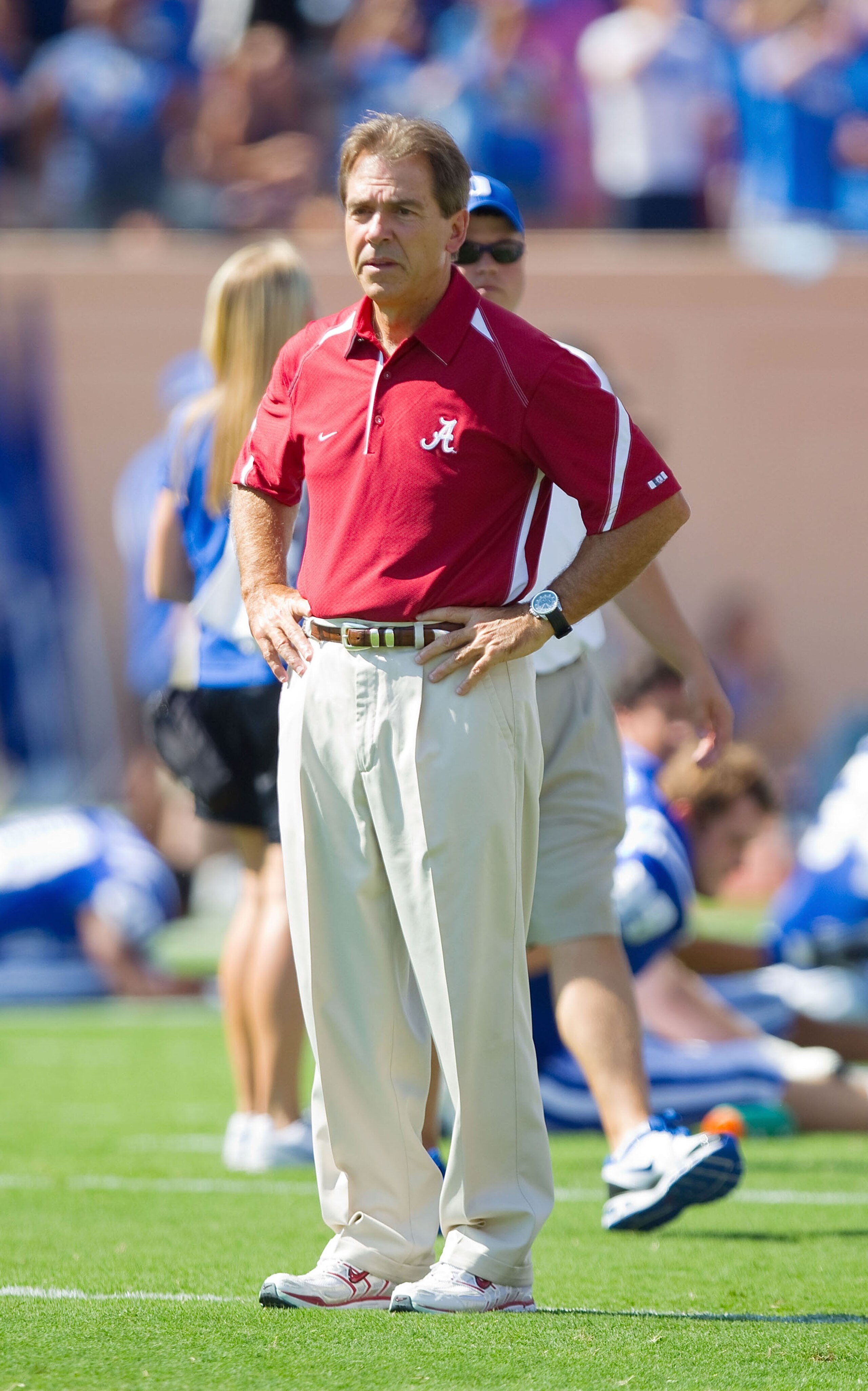 DURHAM, NC - SEPTEMBER 18: Alabama Crimson Tide head coach Nick Saban watches his team warm-up prior to their game against the Duke Blue Devils at Wallace Wade Stadium on September 18, 2010 in Durham, North Carolina.  The Crimson Tide defeated the Blue De