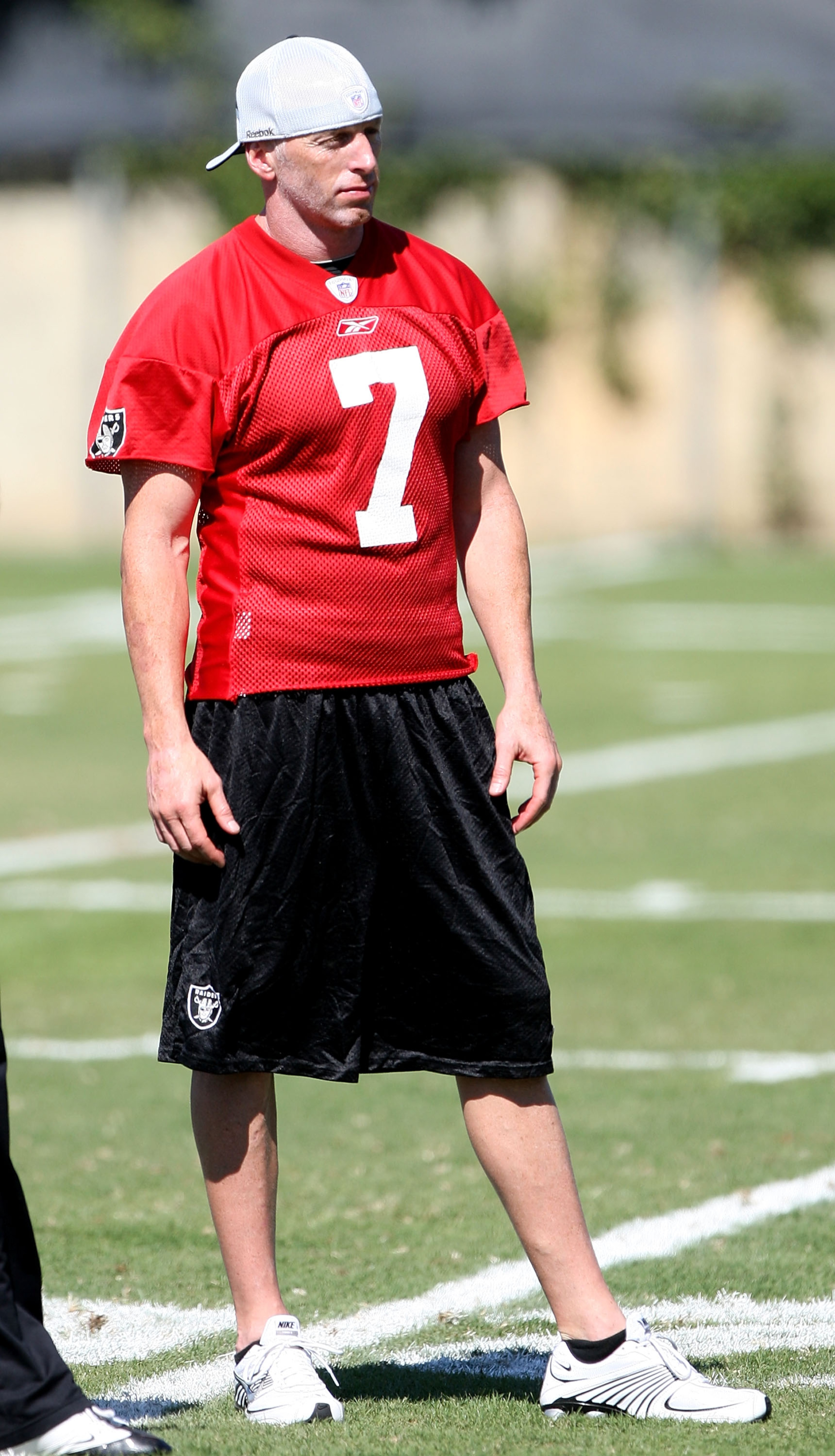 NAPA, CA - AUGUST 05: Jeff Garcia #7 looks on during the Oakland Raiders Training Camp at the Napa Valley Marriott on August 5, 2009 in Napa, California.  (Photo by Jed Jacobsohn/Getty Images)