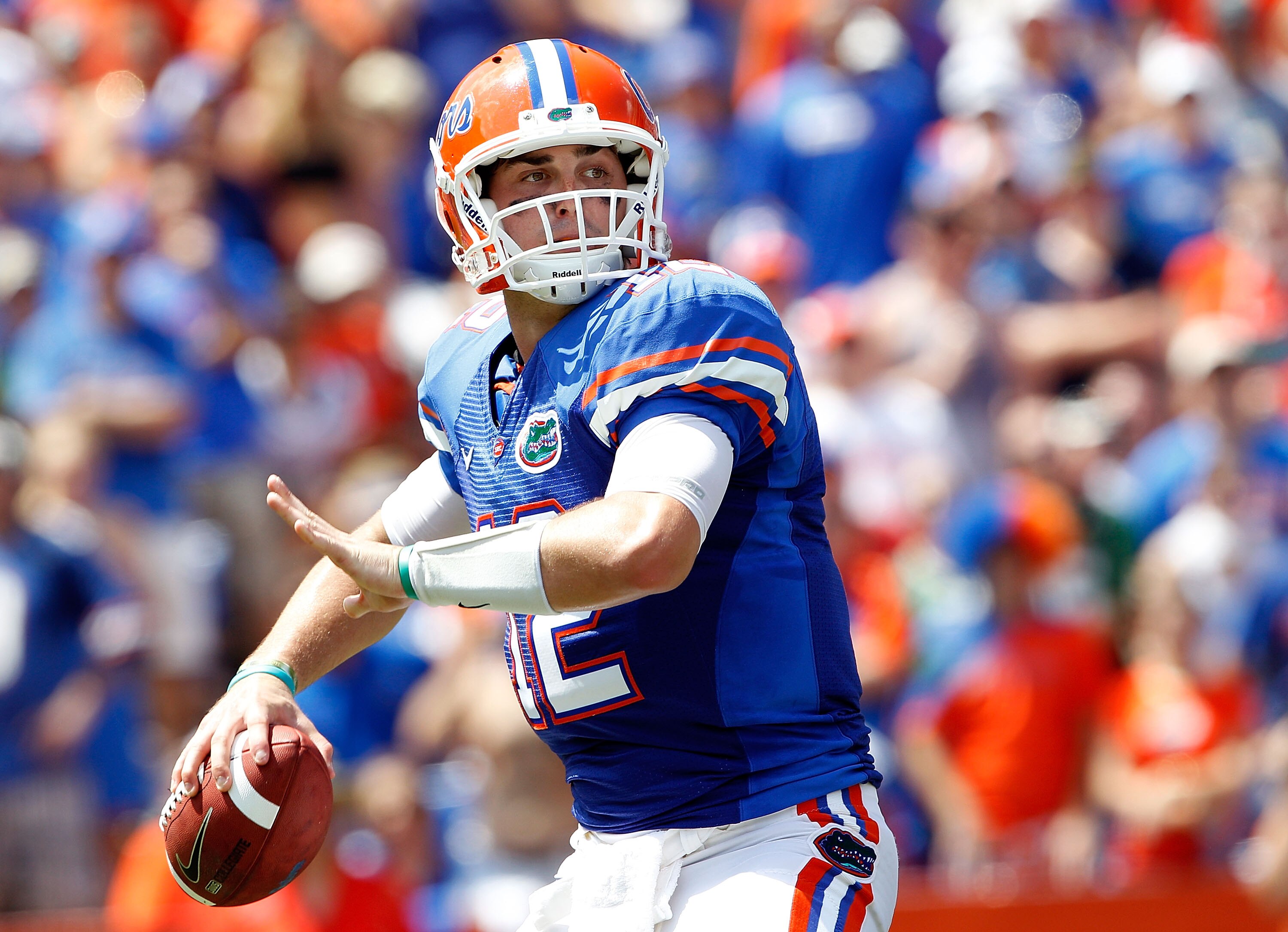 GAINESVILLE, FL - SEPTEMBER 11:  Quarterback John Brantley #12 of the Florida Gators attempts a pass during a game against the South Florida Bulls at Ben Hill Griffin Stadium on September 11, 2010 in Gainesville, Florida.  (Photo by Sam Greenwood/Getty Im
