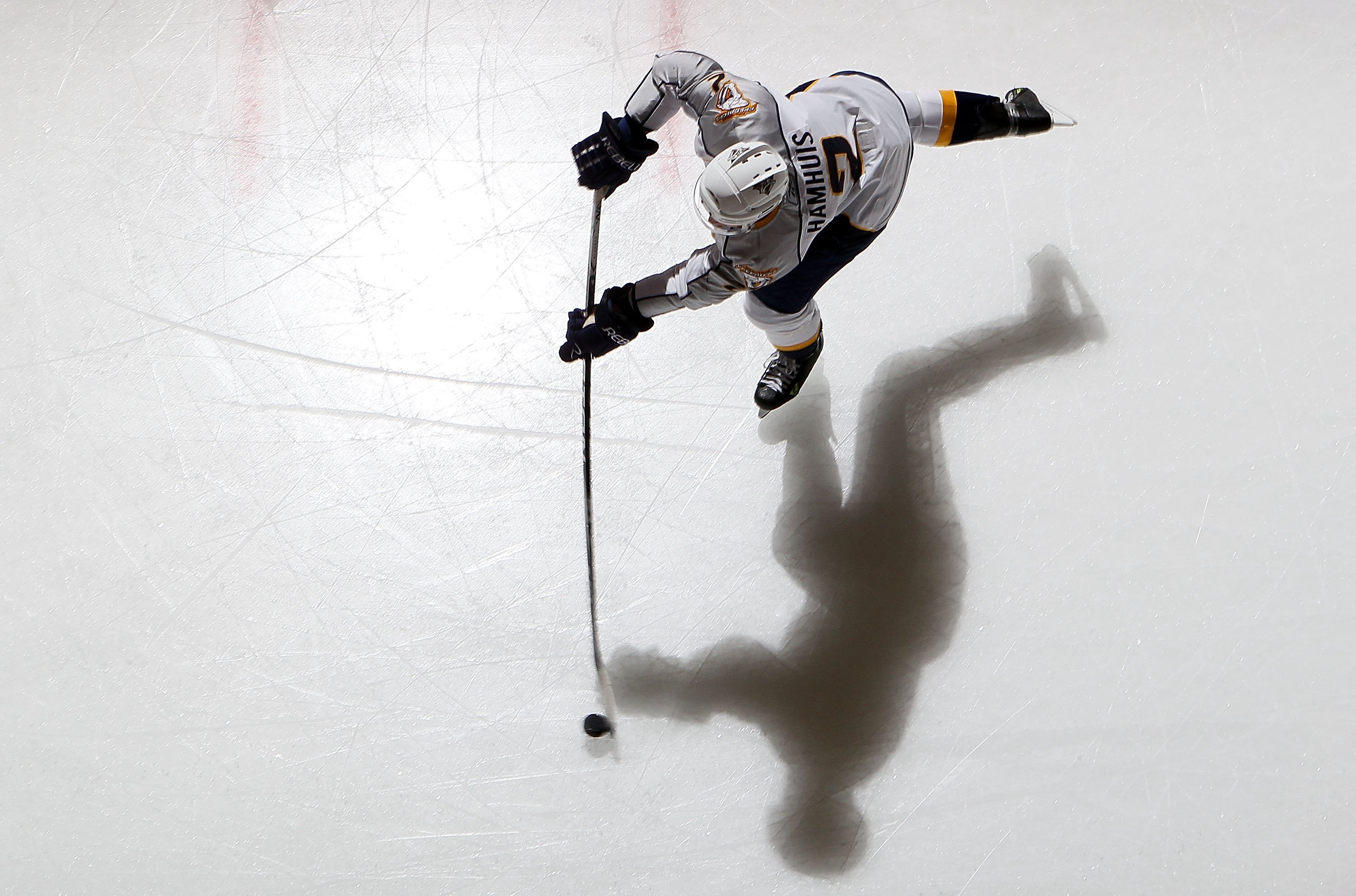 UNIONDALE, NY - FEBRUARY 09:  Dan Hamhuis #2 of the Nashville Predators warms up before playing the New York Islanders on February 9, 2010 at Nassau Coliseum in Uniondale, New York.  (Photo by Jim McIsaac/Getty Images)