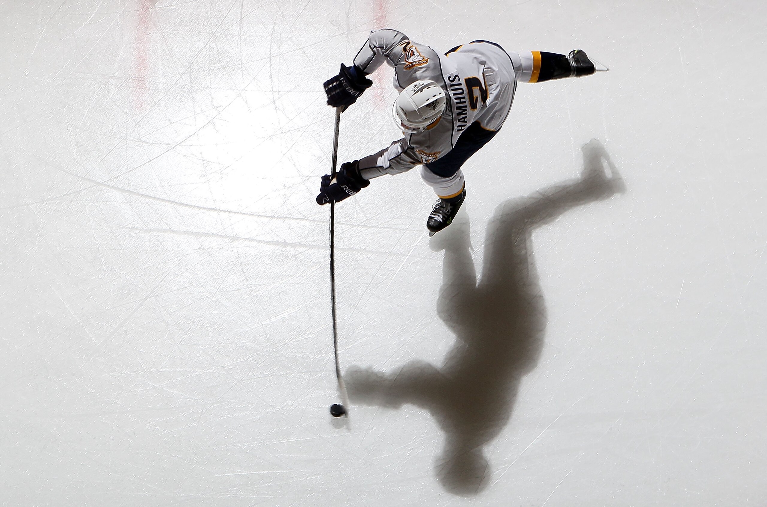 UNIONDALE, NY - FEBRUARY 09:  Dan Hamhuis #2 of the Nashville Predators warms up before playing the New York Islanders on February 9, 2010 at Nassau Coliseum in Uniondale, New York.  (Photo by Jim McIsaac/Getty Images)