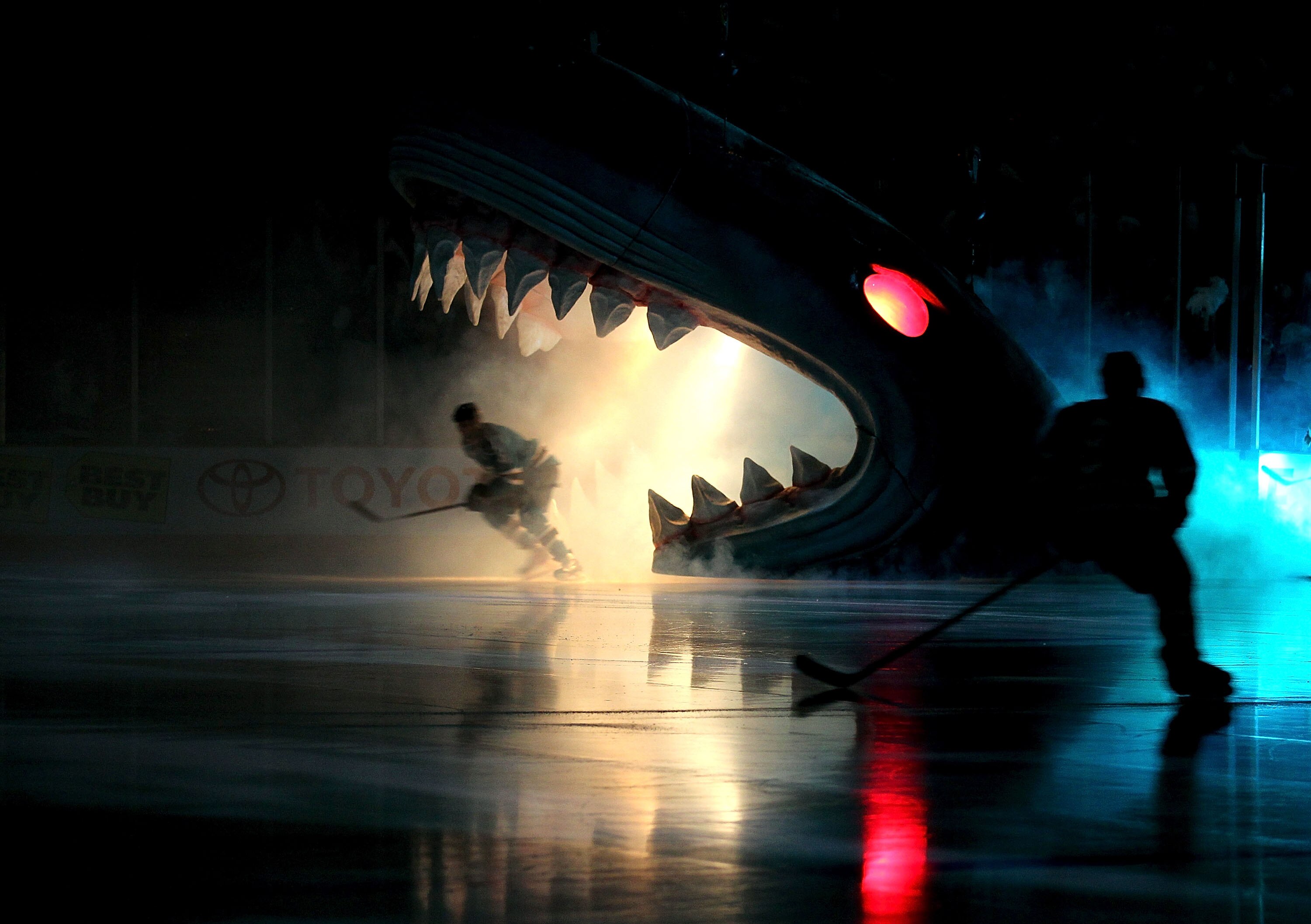 SAN JOSE, CA - MAY 18:  A member of the San Jose Sharks skates out onto the ice during introductions before the Sharks take on the Chicago Blackhawks in Game Two of the Western Conference Finals during the 2010 NHL Stanley Cup Playoffs at HP Pavilion on M