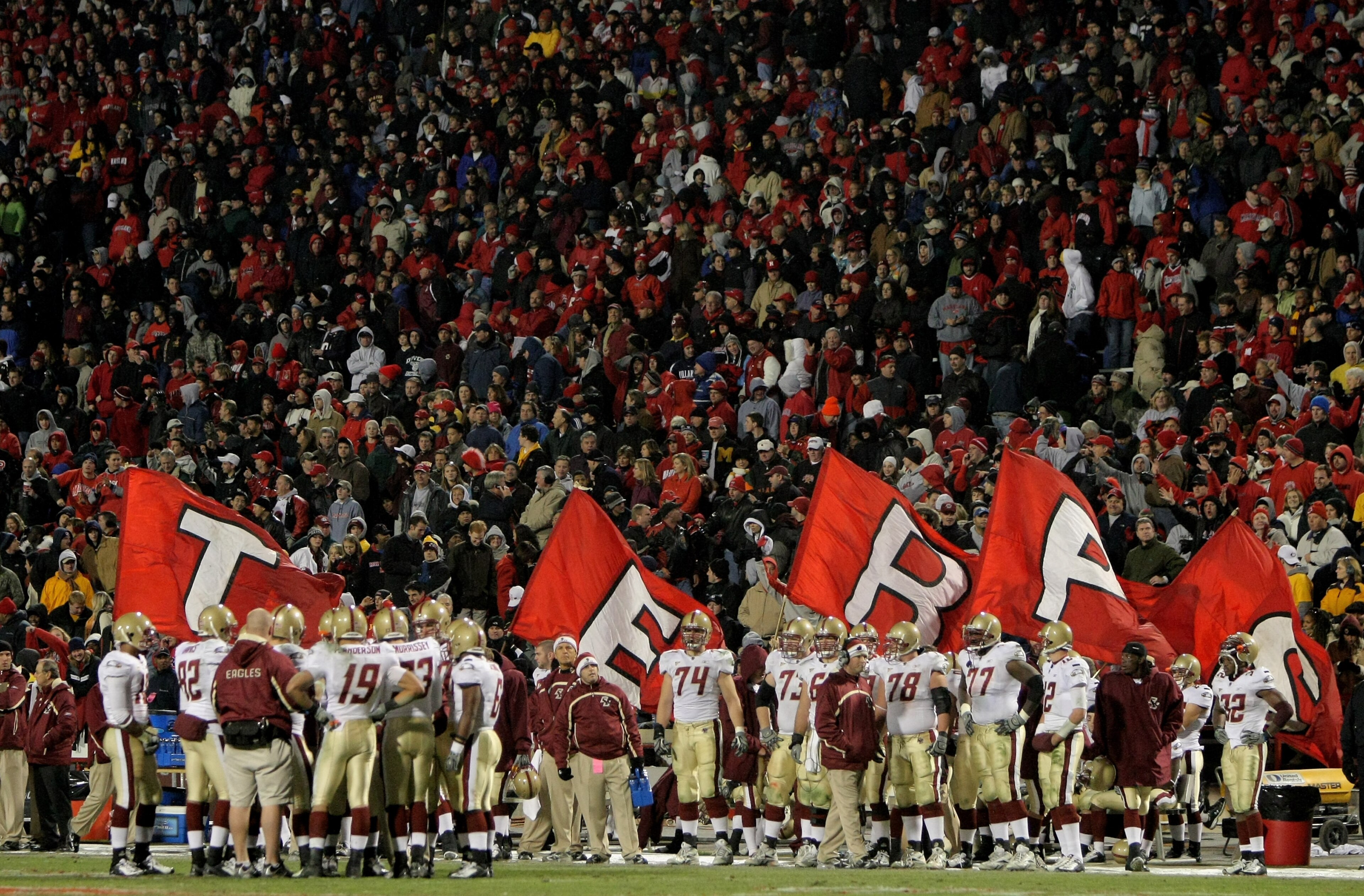 COLLEGE PARK, MD - NOVEMBER 10: Maryland Terrapins cheerleaders parade the Terps flags behind the Boston College Eagles bench as Maryland defeated Boston College 42-35 at Byrd Stadium on November 10, 2007 in College Park, Maryland. (Photo by Doug Pensin COLLEGE PARK, MD - NOVEMBER 10: Maryland Terrapins cheerleaders parade the Terps flags behind the Boston College Eagles bench as Maryland defeated Boston College 42-35 at Byrd Stadium on November 10, 2007 in College Park, Maryland. (Photo by Doug Pensin