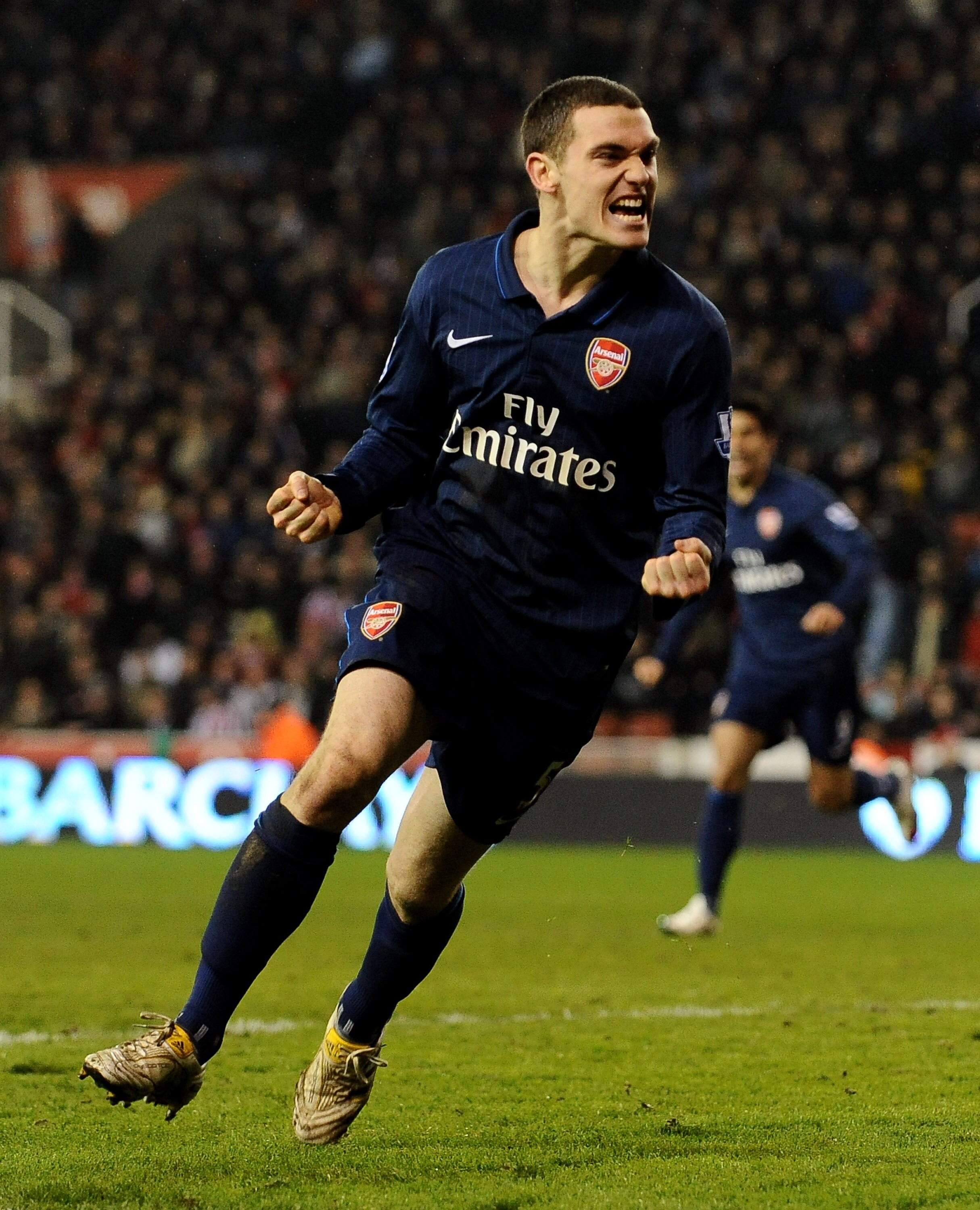 STOKE ON TRENT, ENGLAND - FEBRUARY 27:   Thomas Vermaelen of Arsenal celebrates scoring his team's third goal during the Barclays Premier League match between Stoke City and Arsenal at The Britannia Stadium on February 27, 2010 in Stoke on Trent, England.