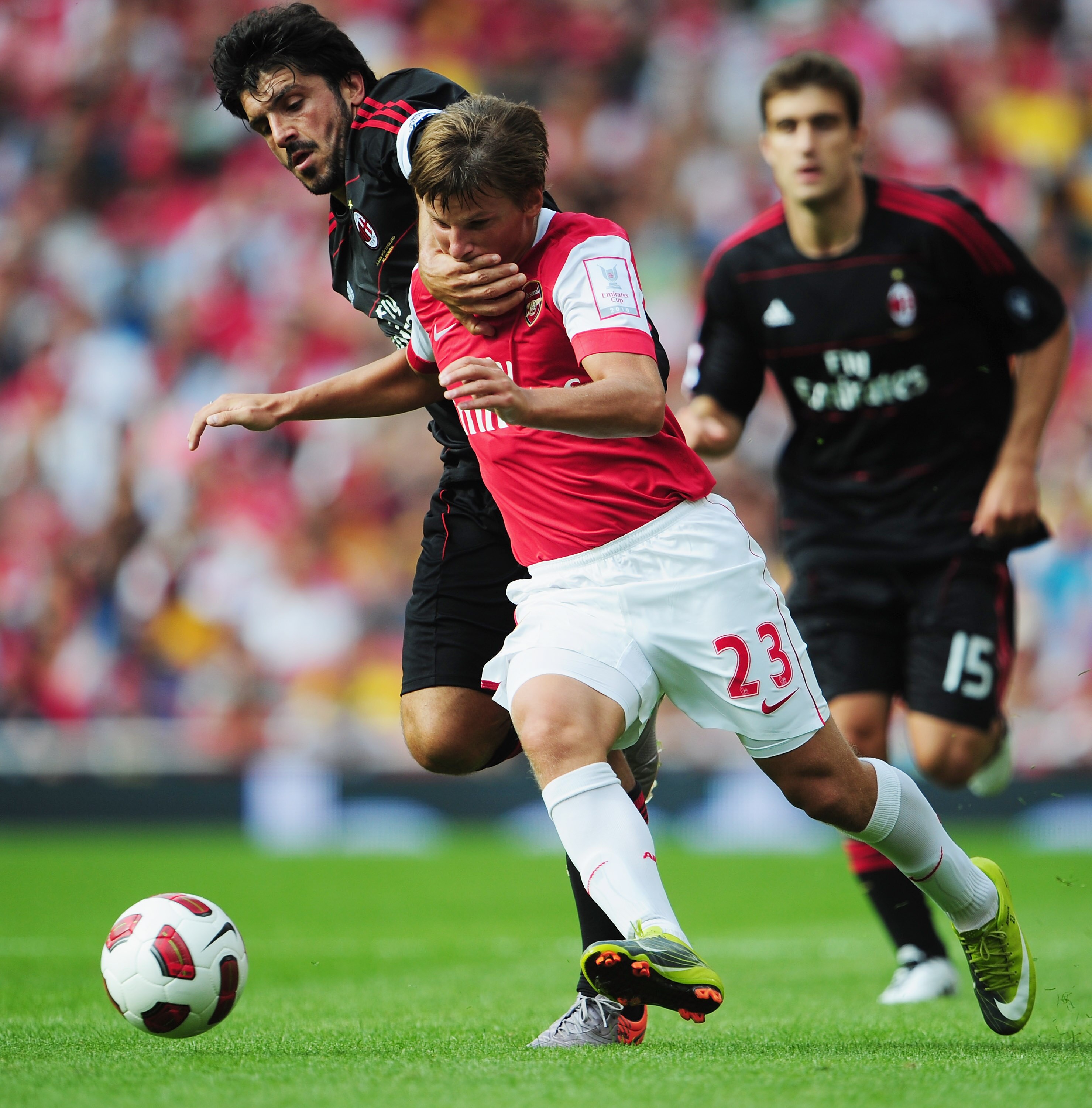LONDON, ENGLAND - JULY 31:  Andrey Arshavin of Arsenal is challenged by Gattuso of AC Milan during the Emirates Cup match between Arsenal and AC Milan at Emirates Stadium on July 31, 2010 in London, England.  (Photo by Mike Hewitt/Getty Images)