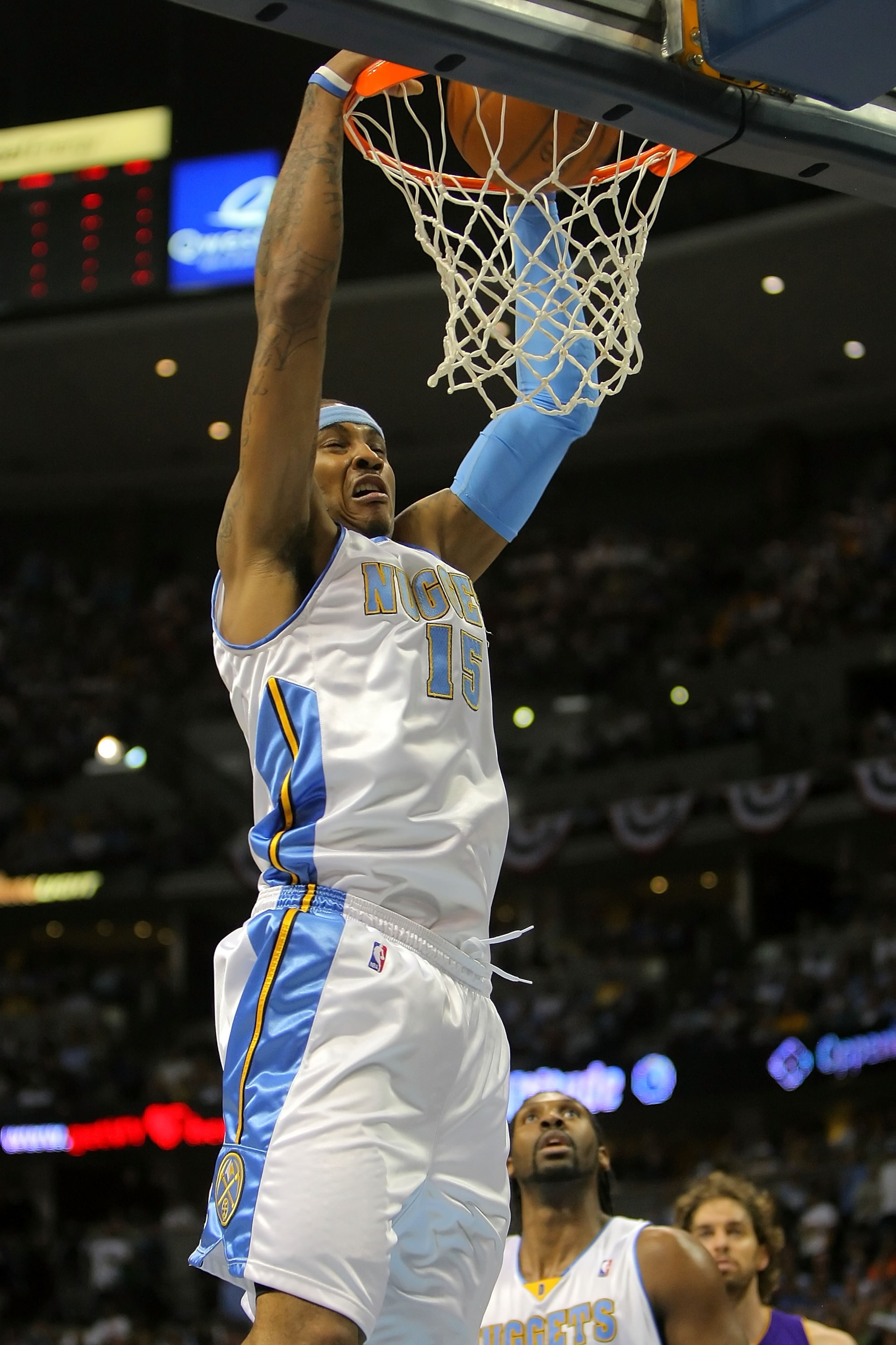 DENVER - MAY 25: Carmelo Anthony #15 of the Denver Nuggets dunks the ball in the second quarter against the Los Angeles Lakers in Game Four of the Western Conference Finals during the 2009 NBA Playoffs at Pepsi Center on May 25, 2009 in Denver, Colorado. DENVER - MAY 25: Carmelo Anthony #15 of the Denver Nuggets dunks the ball in the second quarter against the Los Angeles Lakers in Game Four of the Western Conference Finals during the 2009 NBA Playoffs at Pepsi Center on May 25, 2009 in Denver, Colorado.