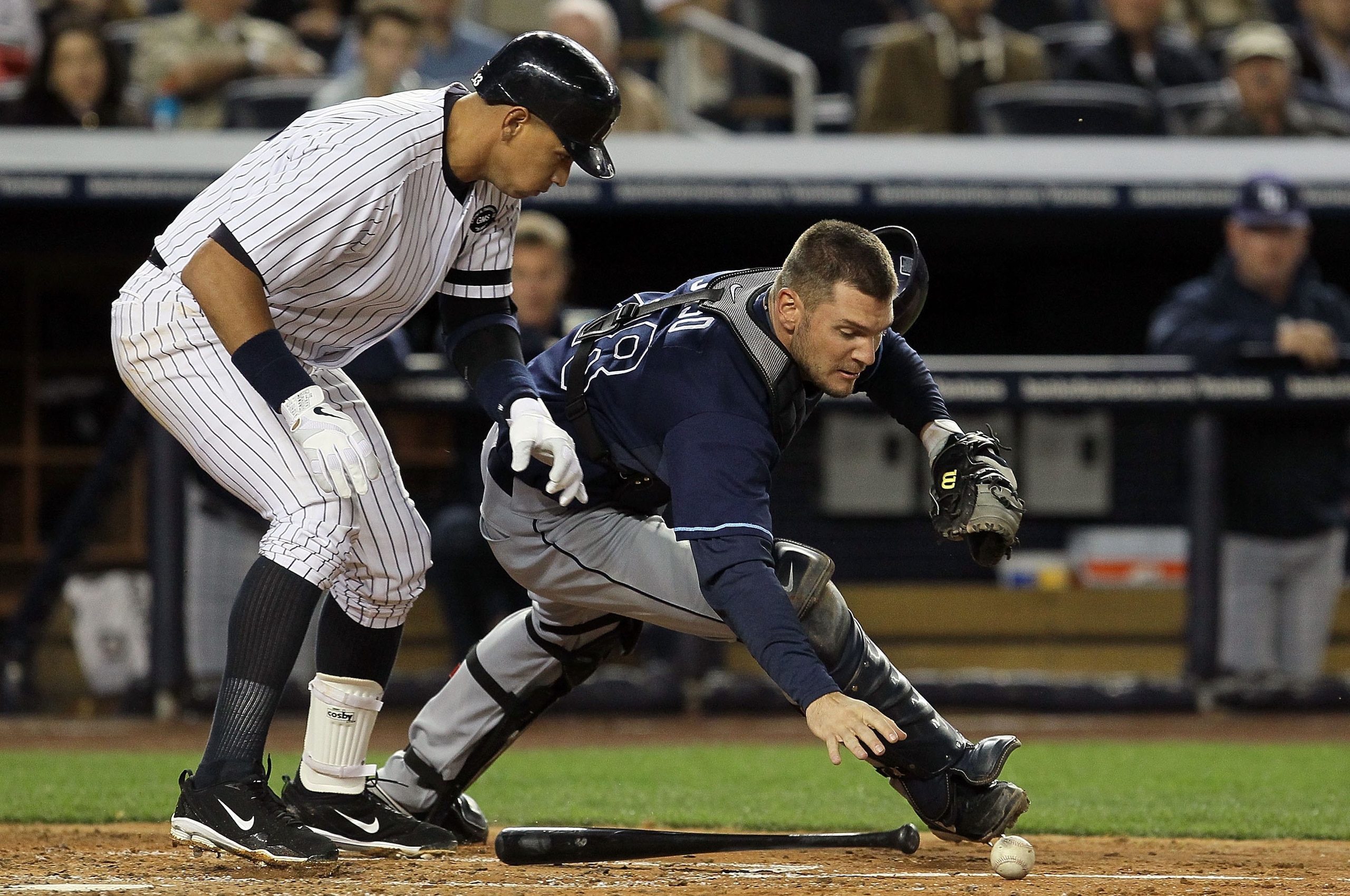 NEW YORK - SEPTEMBER 20:  Alex Rodriguez #13 of the New York Yankees grounds out in the fourth inning to catcher John Jaso #28 of the Tampa Bay Rays on September 20, 2010 at Yankee Stadium in the Bronx borough of New York City.  (Photo by Jim McIsaac/Gett