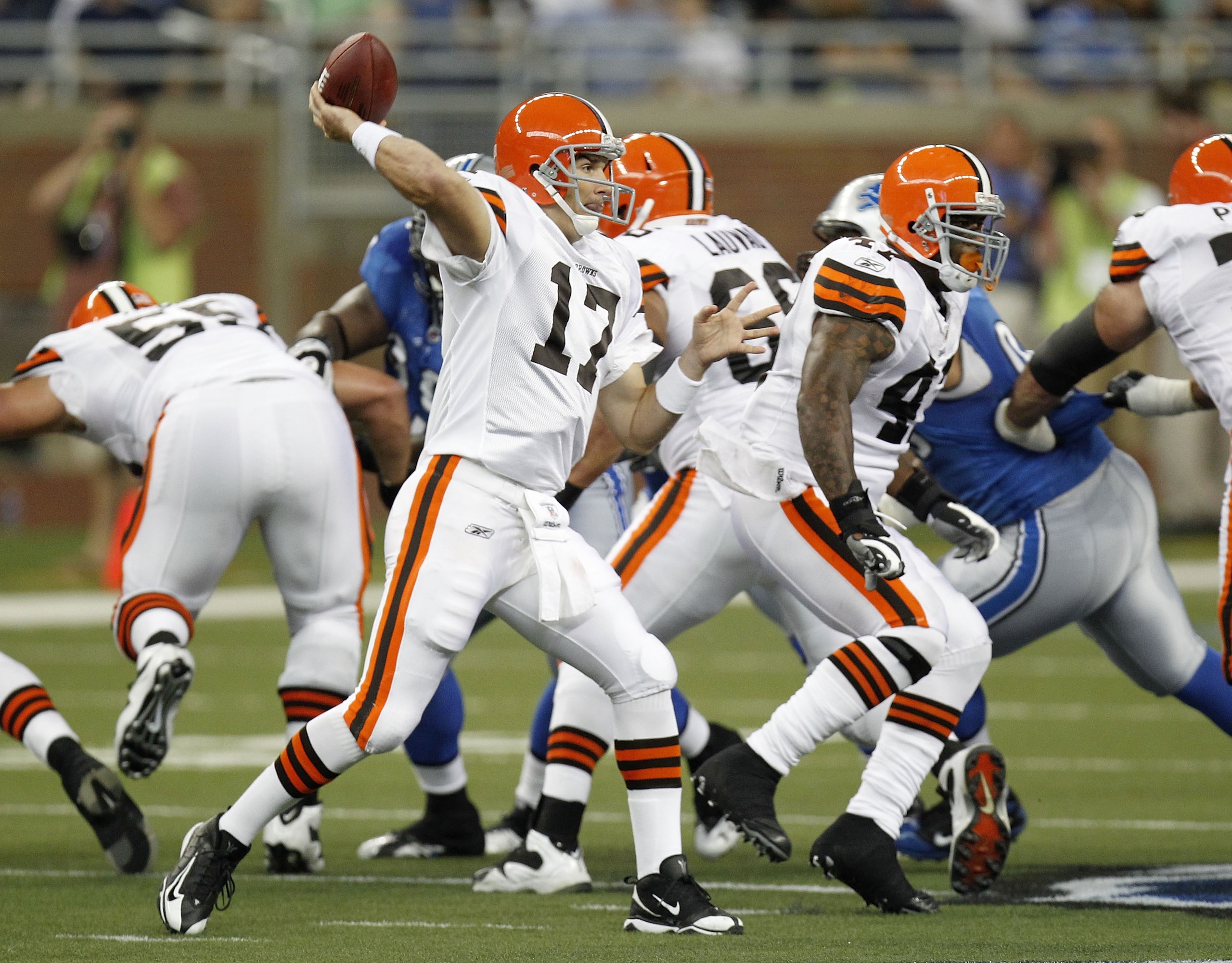 DETROIT - AUGUST 28: Jake Delhomme #17 of the Cleveland Browns throws a first quarter pass while playing the Detroit Lions during a preseason game on August 28, 2010 at Ford Field in Detroit, Michigan. (Photo by Gregory Shamus/Getty Images)