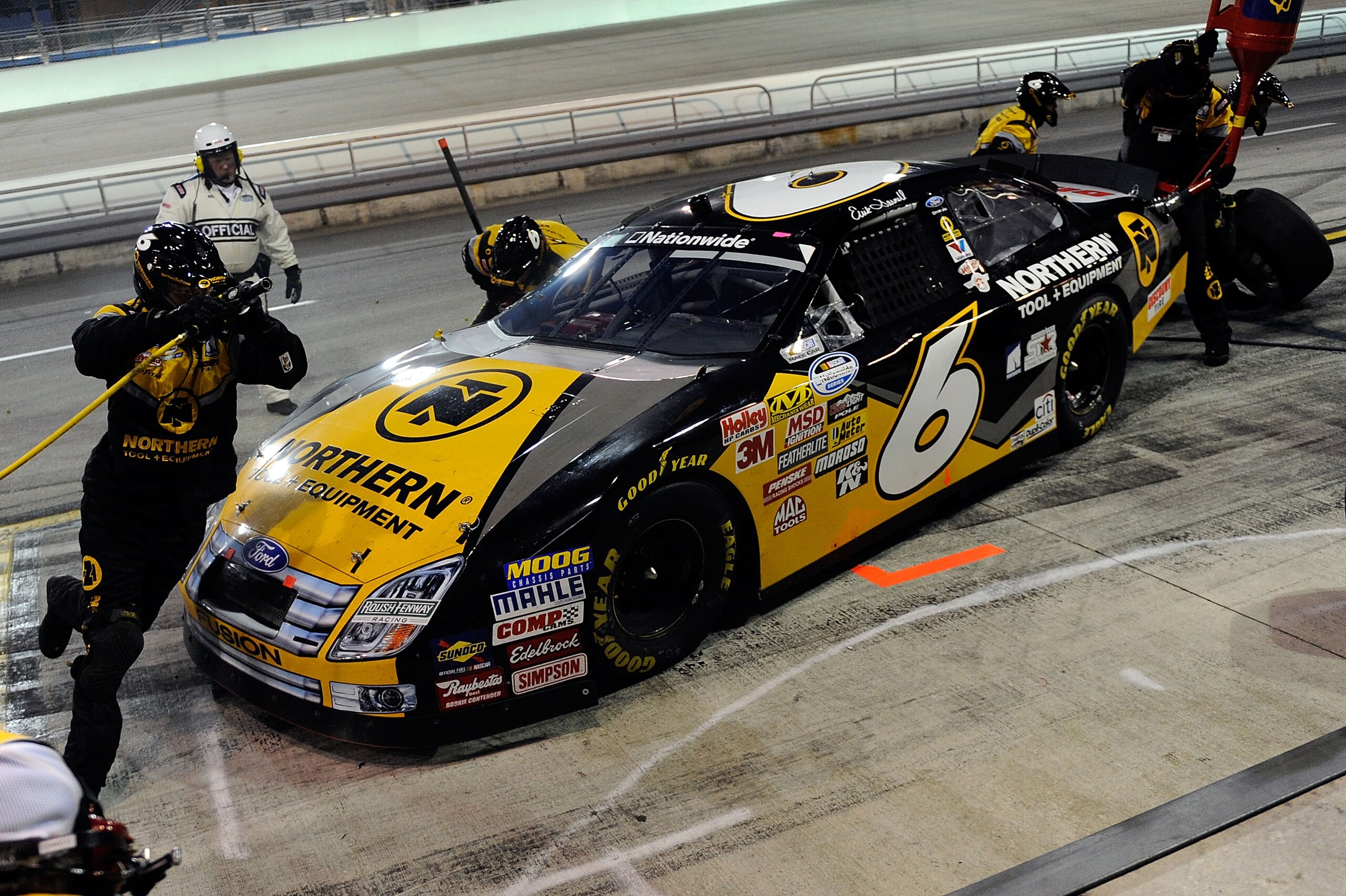 HOMESTEAD, FL - NOVEMBER 21:  Erik Darnell, driver of the #6 Northern Tool + Equipment Ford, pits during the NASCAR Nationwide Series Ford 300 at Homestead-Miami Speedway on November 21, 2009 in Homestead, Florida.  (Photo by John Harrelson/Getty Images f