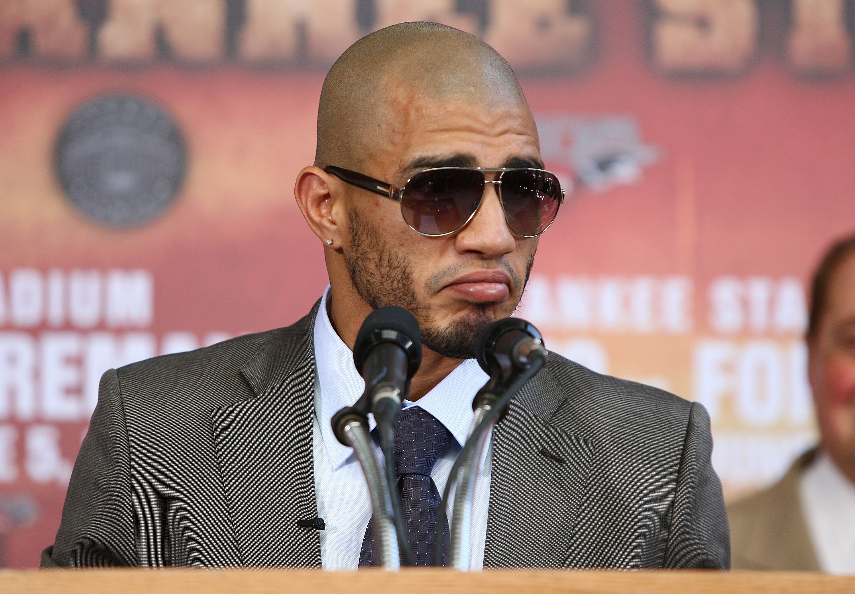 NEW YORK - JUNE 02:  Miguel Cotto speaks to the media during a press conference on June 2, 2010 at Yankee Stadium in the Bronx borough of New York City.  (Photo by Mike Stobe/Getty Images)