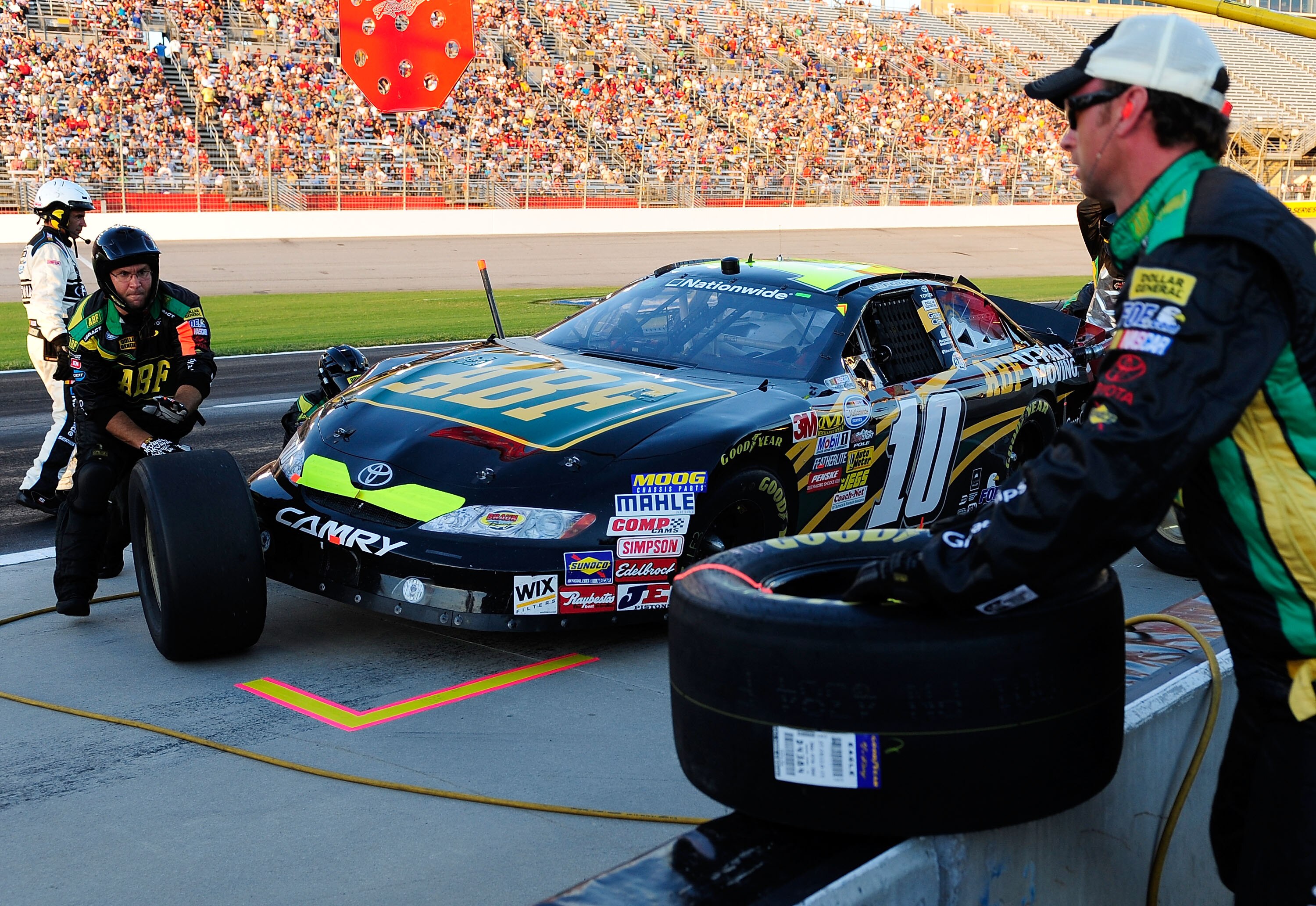 HAMPTON, GA - SEPTEMBER 04:  Jason Leffler, driver of the #10 ABF Toyota, pits during the NASCAR Nationwide Series Great Clips 300 at Atlanta Motor Speedway on September 4, 2010 in Hampton, Georgia.  (Photo by Rusty Jarrett/Getty Images for NASCAR)