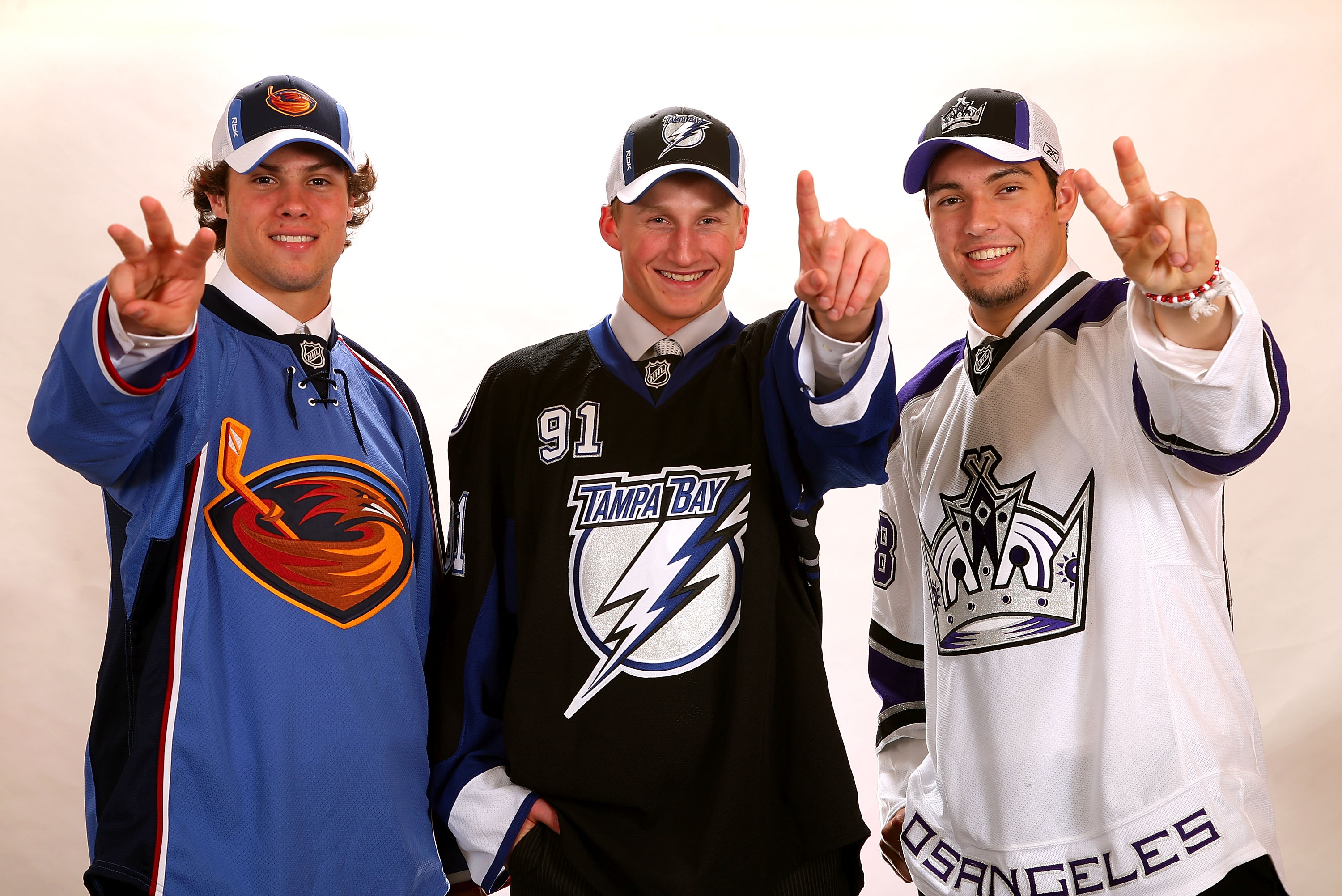 OTTAWA, ON - JUNE 20:  (L-R) Third overall pick Zach Bogosian of the Atlanta Thrashers, first overall pick Steven Stamkos of the Tampa Bay Lightning and second overall pick Drew Doughty of the Los Angeles Kings pose for a photograph after being selected i