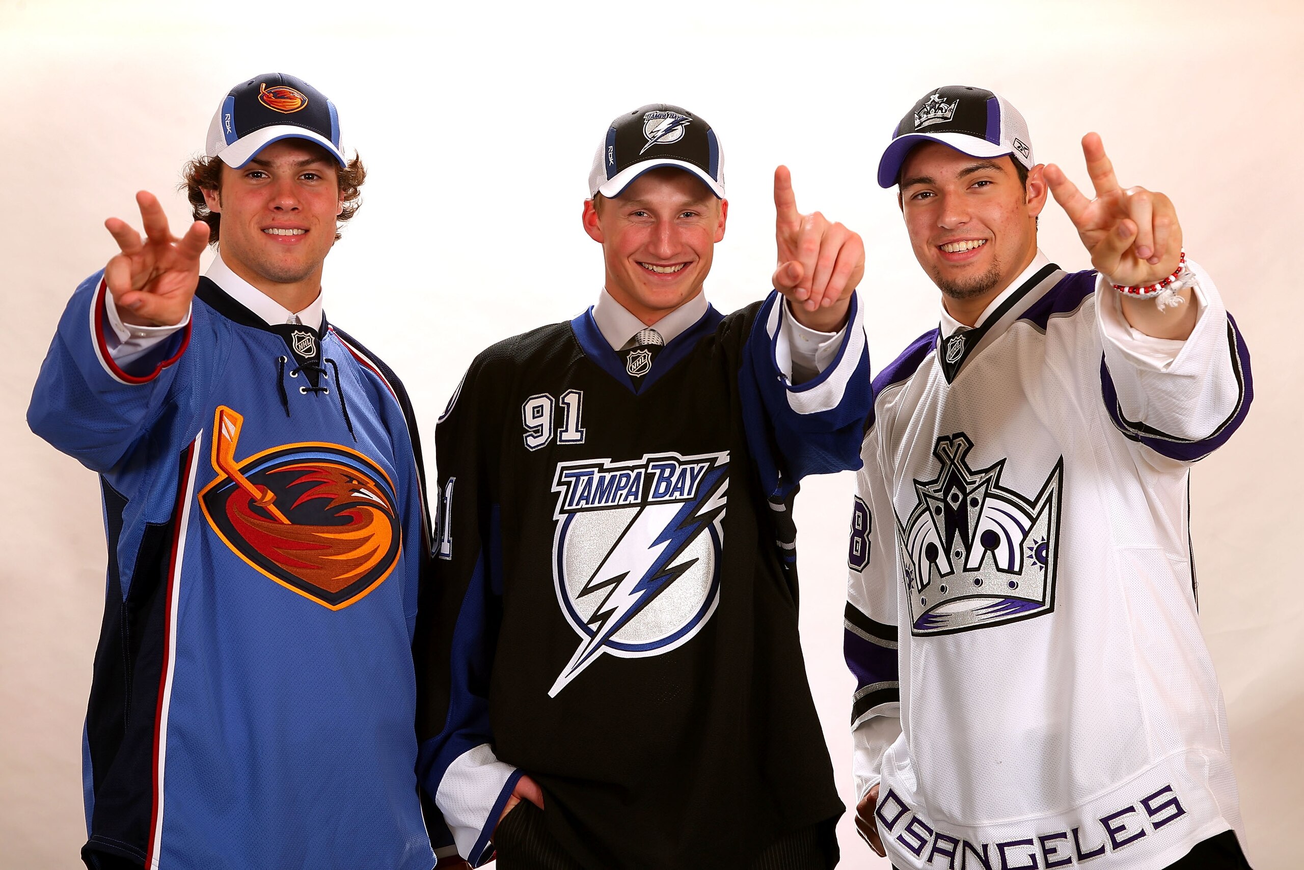 OTTAWA, ON - JUNE 20:  (L-R) Third overall pick Zach Bogosian of the Atlanta Thrashers, first overall pick Steven Stamkos of the Tampa Bay Lightning and second overall pick Drew Doughty of the Los Angeles Kings pose for a photograph after being selected i